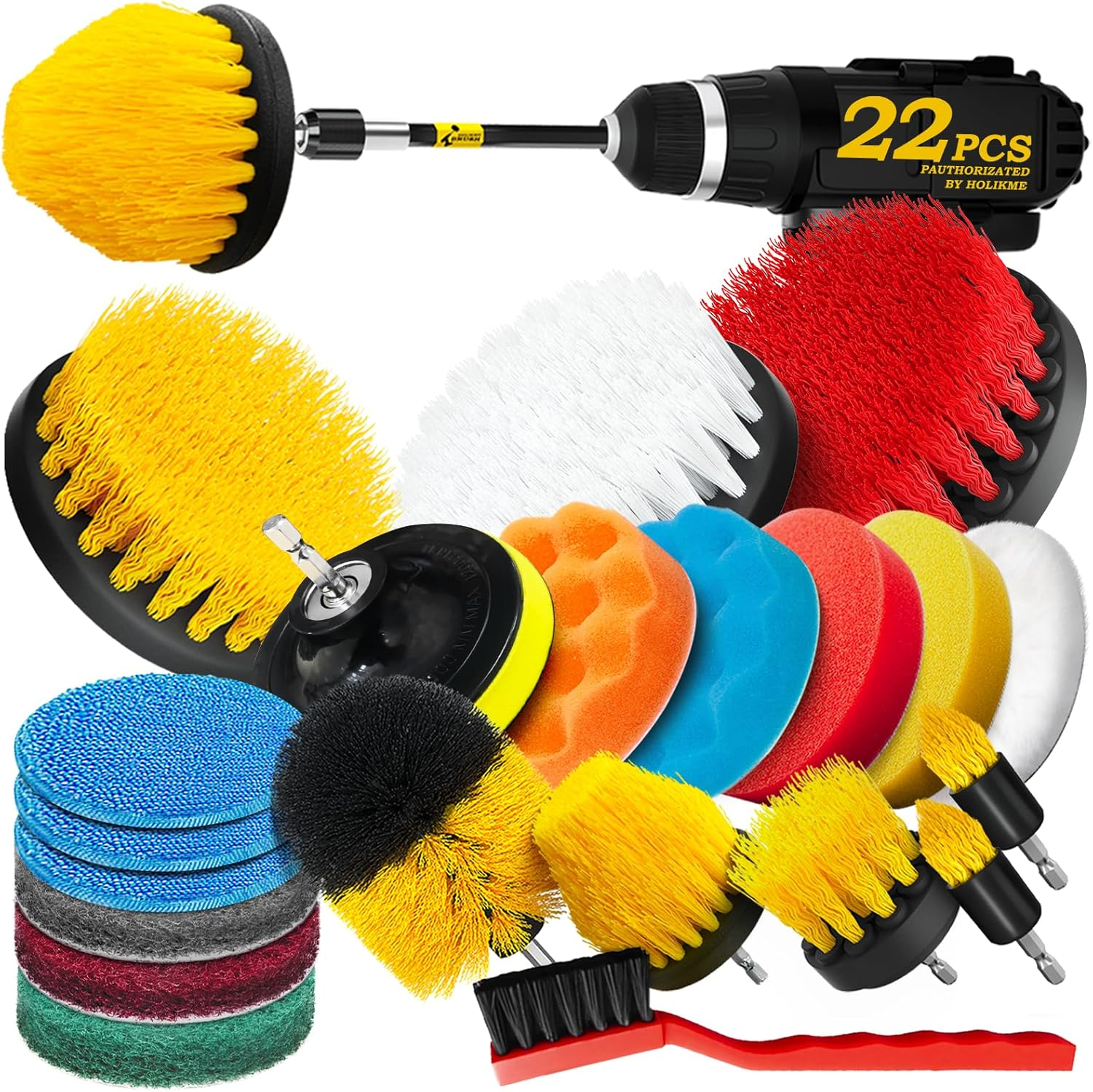 Holikme 20Pack Drill Brush Attachments Set, Scrub Pads & Sponge, Buffing Pads, Power Scrubber Brush with Extend Long Attachment, Car Polishing Pad Kit,Cleaning Supplies，Shower Scrub,Scratch Brushes