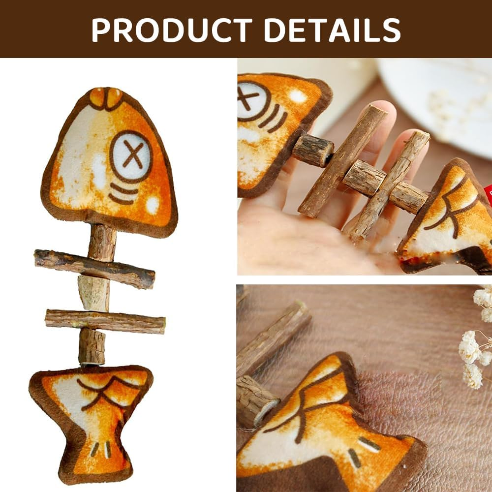 JIUSEGE 2 Pcs Grilled Fishbone Cat Toys &ndash; Bite-Resistant Simulated Fish Chew Toys &ndash; Interactive Plush Teething Toys for Kittens & Cats &ndash; Wooden Fish Shape Design image number 2