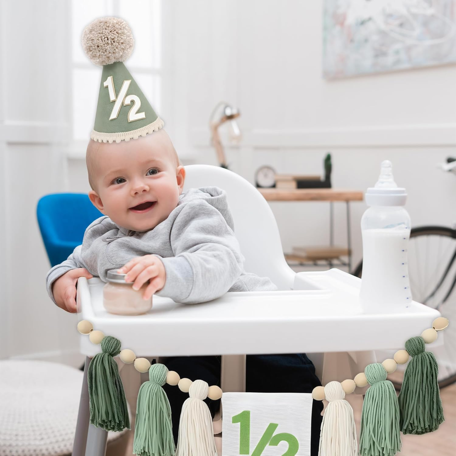 Half Birthday Hat for Baby, Includes Burlap 1/2 Year Old Party Hat and High Chair Banner for Boys & Girls, 6-Month Celebration, Photo Shoot & Birthday Party Decor image number 1