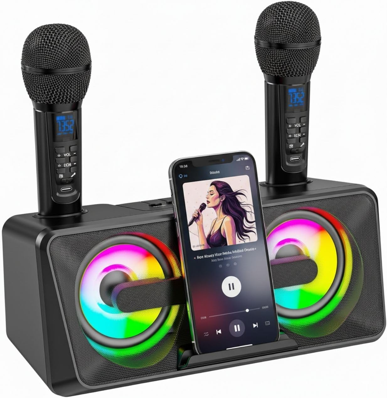 Karaoke Machine with Two Wireless Microphones, Portable Bluetooth Speaker, Karaoke Machine for Adults and Kids, PA System for Home Party, Outdoor, LED Lights, Supports USB/AUX/TF Card Bluetooth image number 5