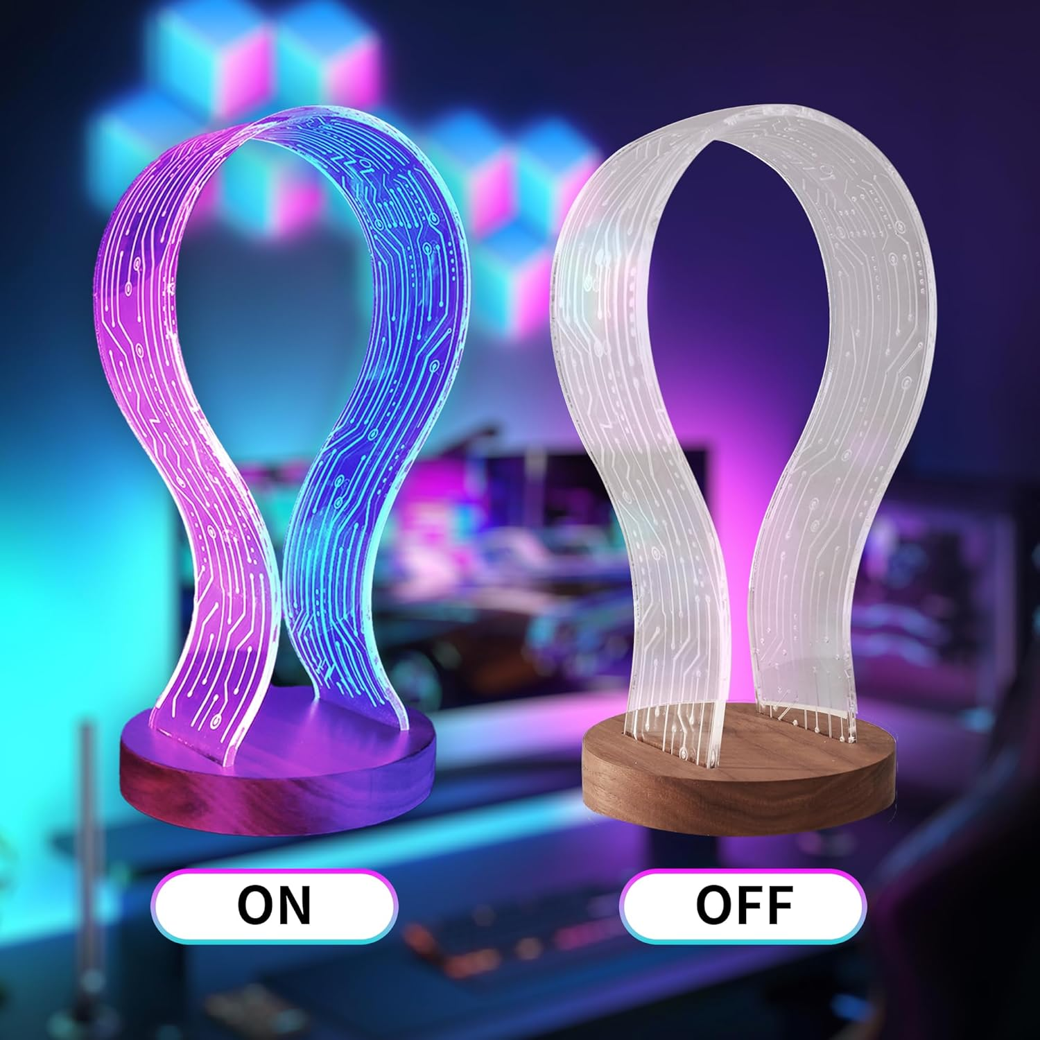 Coolgift Mart Gifts for Gamers and Music Lovers, Light up Headphone Stand, Walnut Wood Headset Holder with Blue Pink LED Night Light, Ideal Desk Accessory image number 1