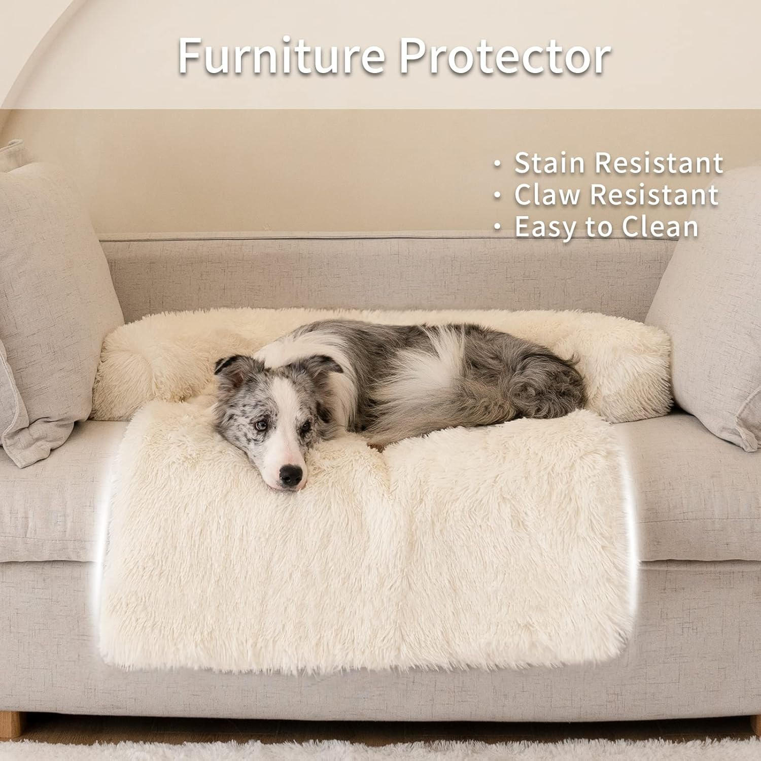 Medium Dog Bed & Cat Sofa - Plush, Washable, Furniture Protector (35X31X5, White) image number 6