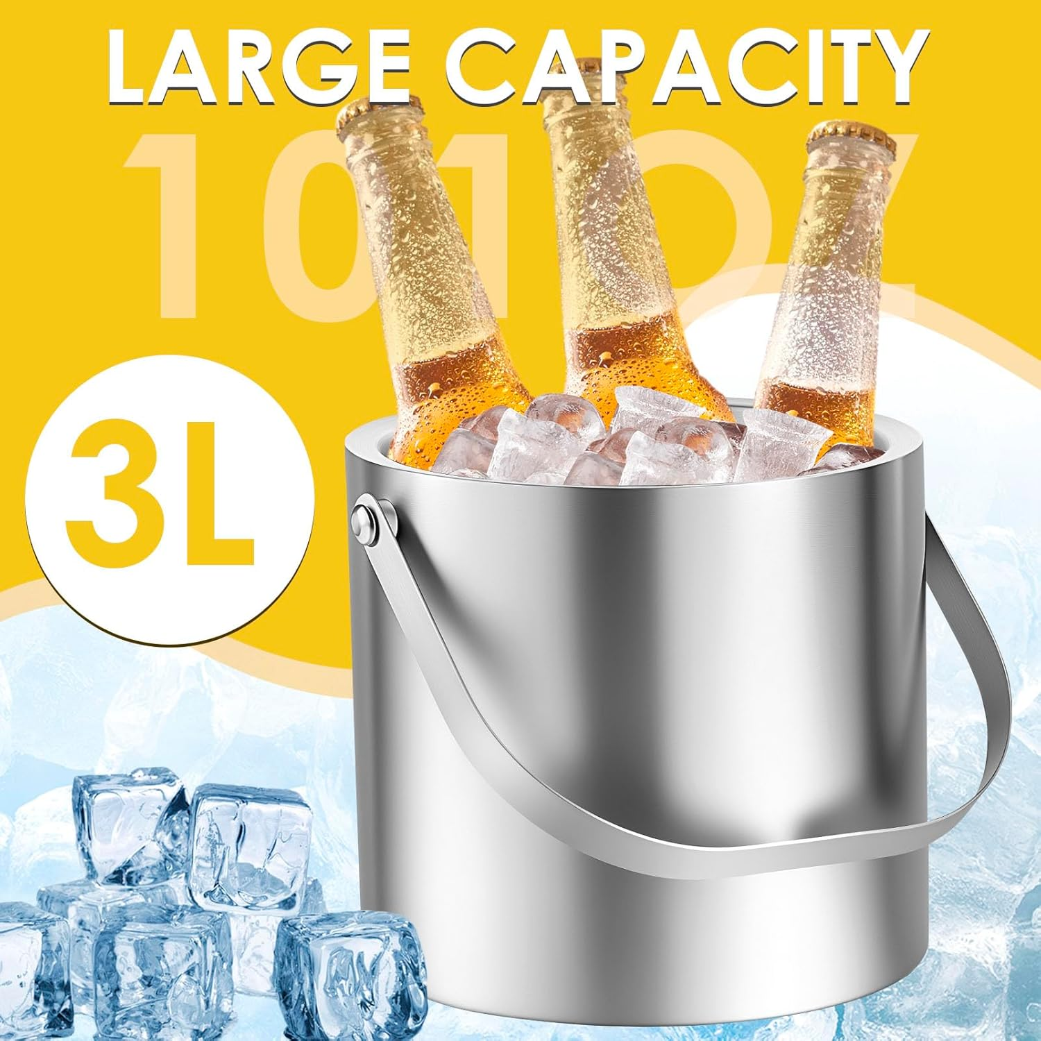 3L Ice Bucket with Leakproof Lid Double Walled Stainless Steel Insulated Ice Bucket with Scoop Beverage Cooler Container Wine Chilling Tub for Cocktail Bar Party