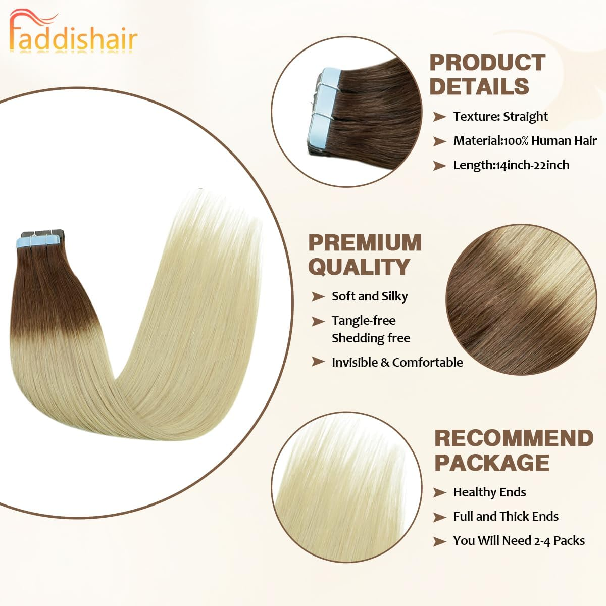 Tape in Human Hair Extensions D.Brown to Ash Blonde 20Pcs 50G Invisible Tape in Hair Extensions 18 Inches (D.Brown to Ash Blonde)