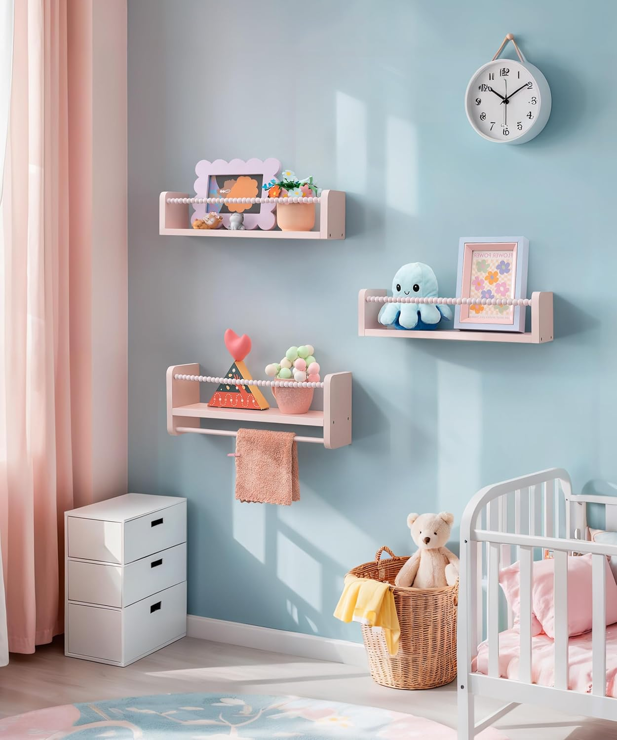 Nursery Book Shelves, Set of 3 Kids Bookshelves Natural Wood Wall Mount Organizer with Towel Bar Hanging Nursery Decor for Kids Room, Playroom, Bedroom and Kitchen, Pink image number 6