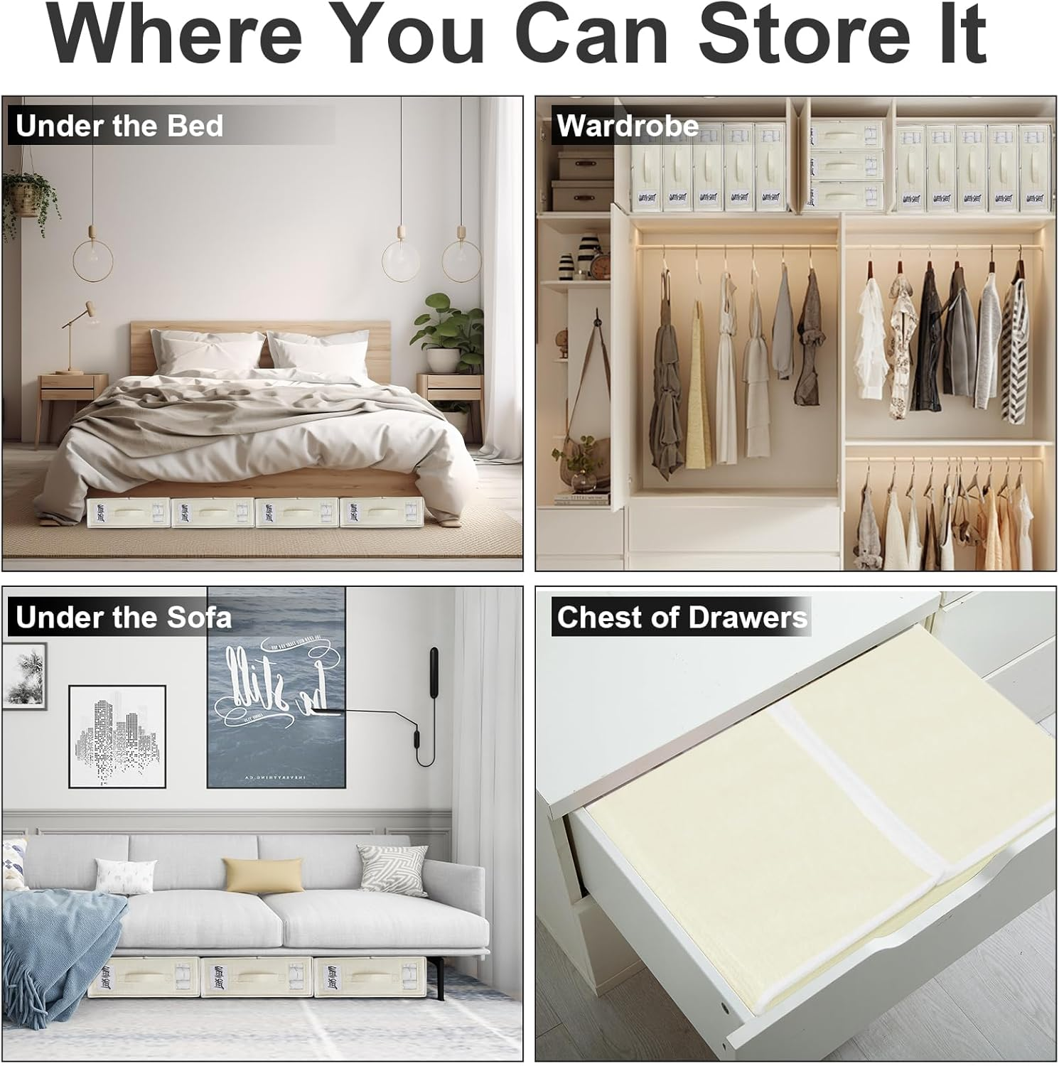 2 Pack Bed Sheet Organiser Storage, Foldable Linen Storage Box with Handles and Labels for Bedding & Linen(Queen and King Size), Bedsheet Organiser with Window for Sheets, Duvet Cover, Beige image number 4