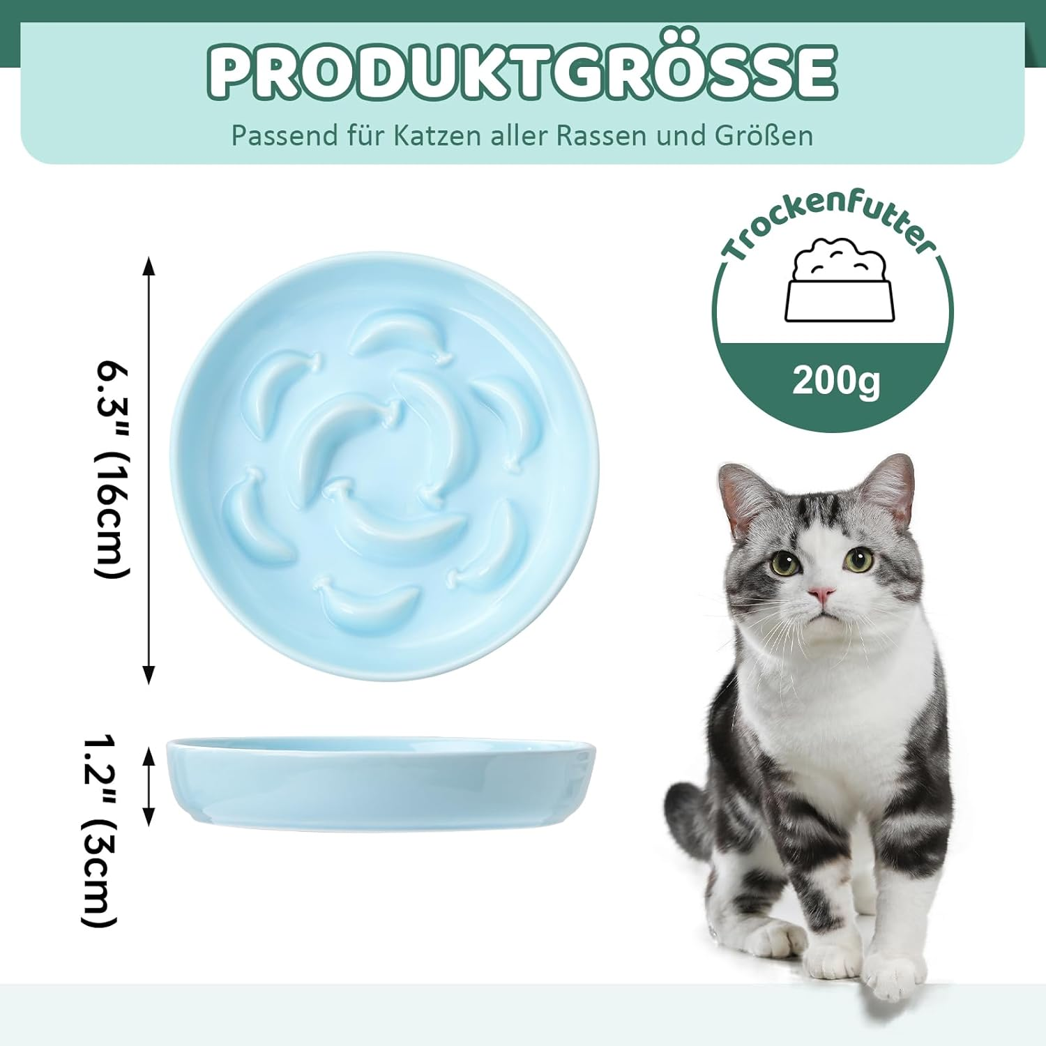Ceramic Pastel Series Slow Feeder Bowl - Cute Maze Cat Food Plate for Healthy Eating - Fun Puzzle Feeder Dish - Dishwasher Safe - 6.3''W X 1.2''H - 7 OZ - Pale Blue - Bamboo Stand - Bright Yellow image number 5