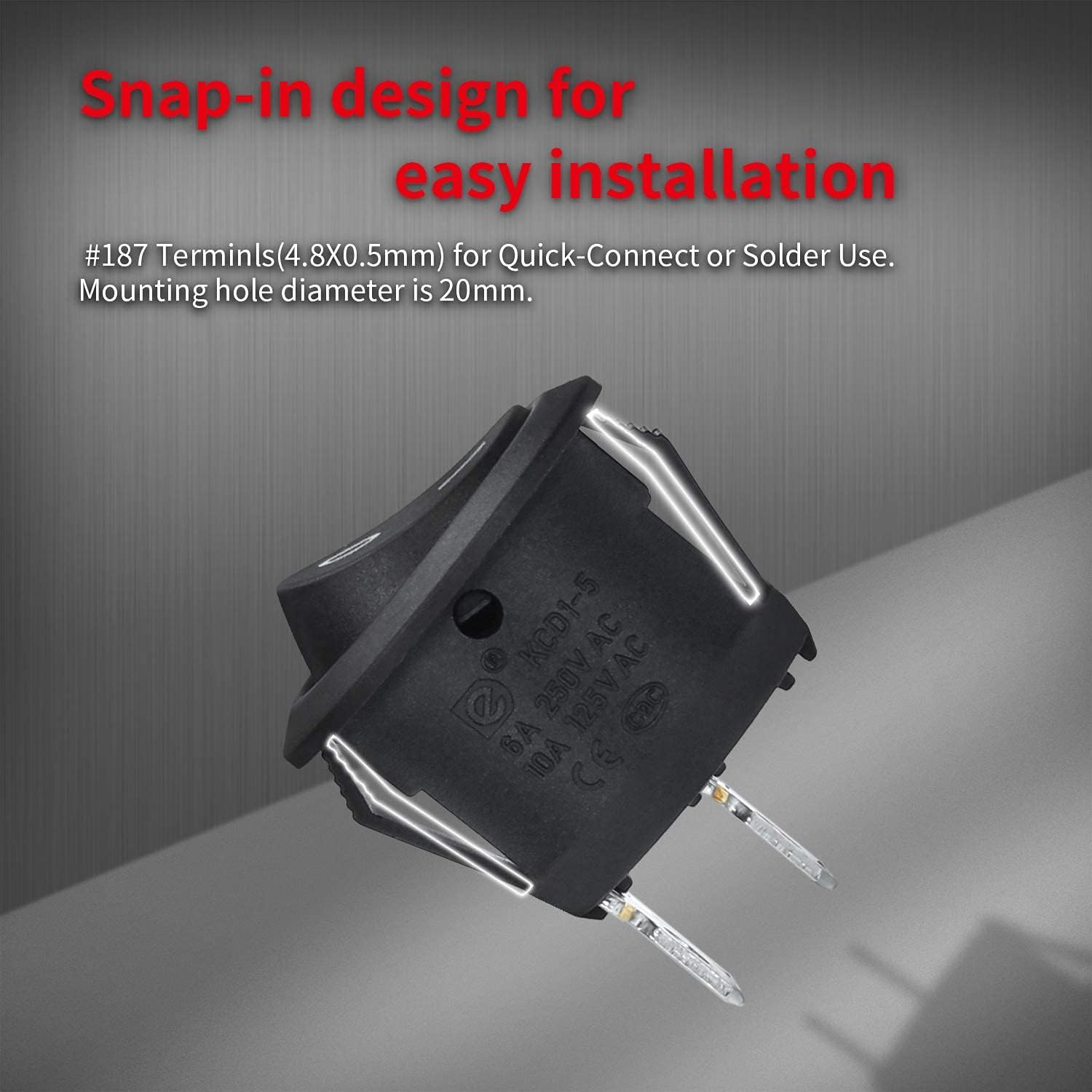 Daiertek 5Pcs round Rocker Switch SPST on off Locking 2Pin 10A 125VAC 6A 250VAC Black 20MM image number 4