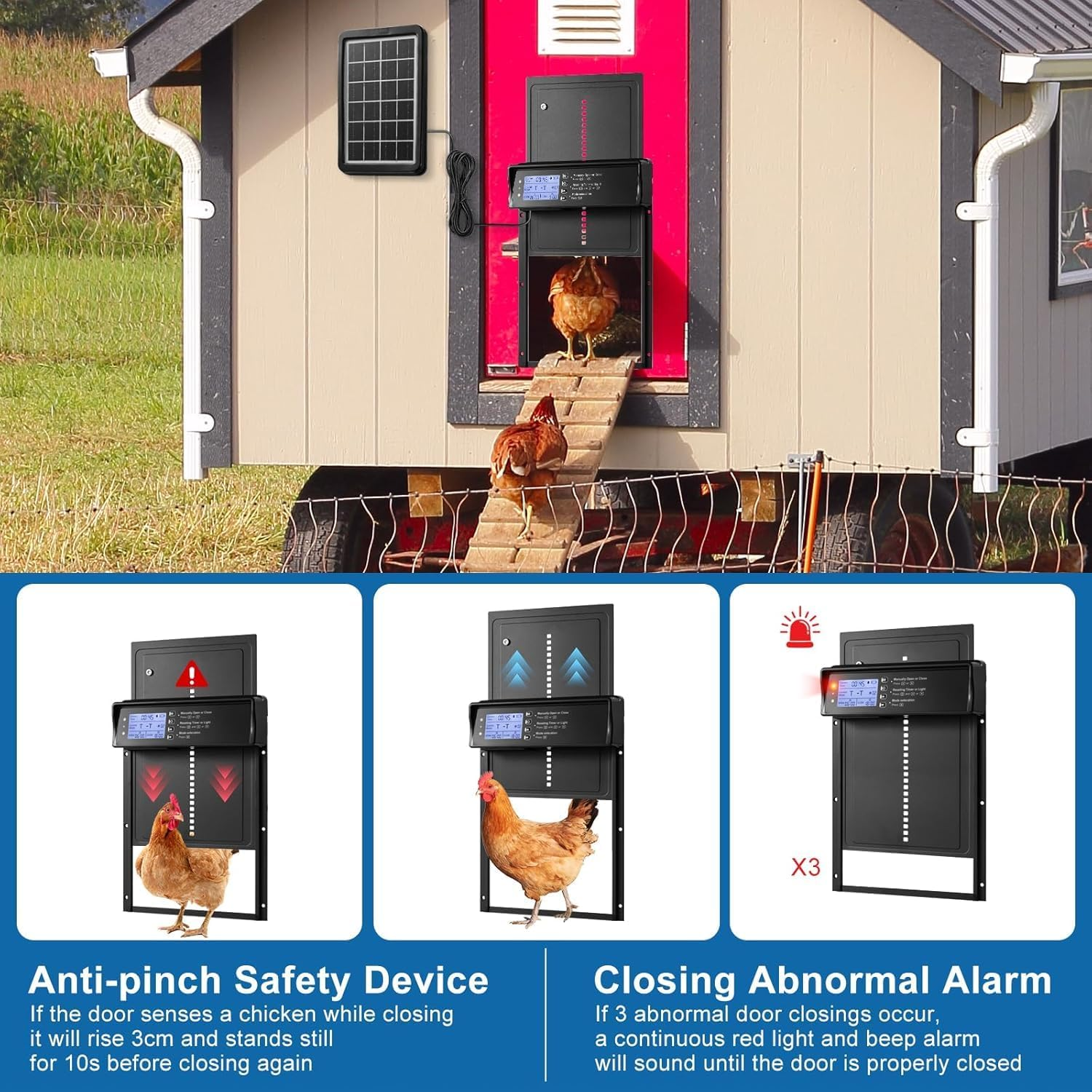 Automatic Chicken Coop Door Solar Powered, 4 Modes Auto Chicken Door Solar, Anti-Pinch & Weather Proof Coop Door with Remote Control, LCD Display Chicken Door with Timer, Light Sensor&Alert image number 3
