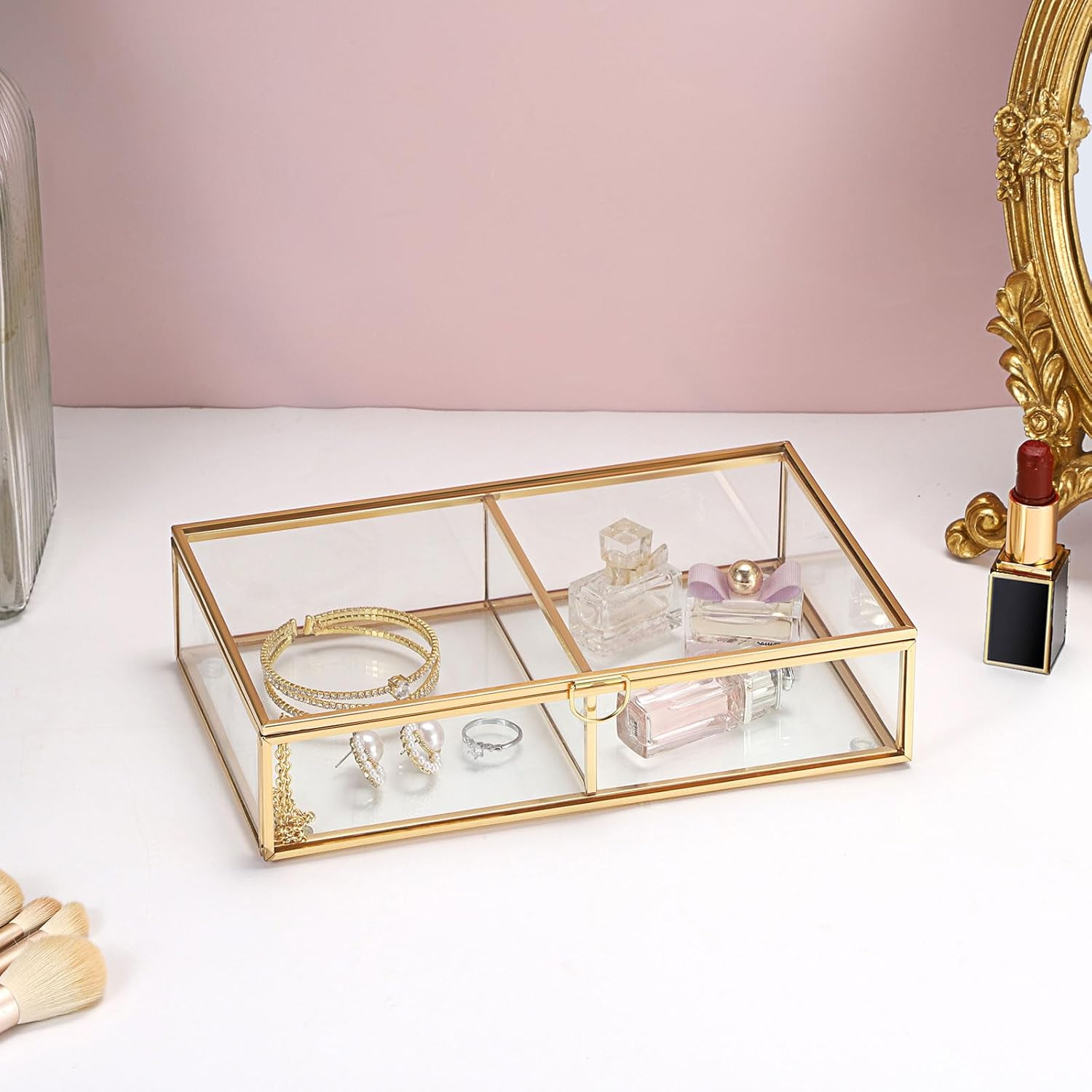 Hipiwe 2 Slots Vintage Glass Keepsake Box Polaroid Photo Storage Box Decorative Photo Organizer image number 4