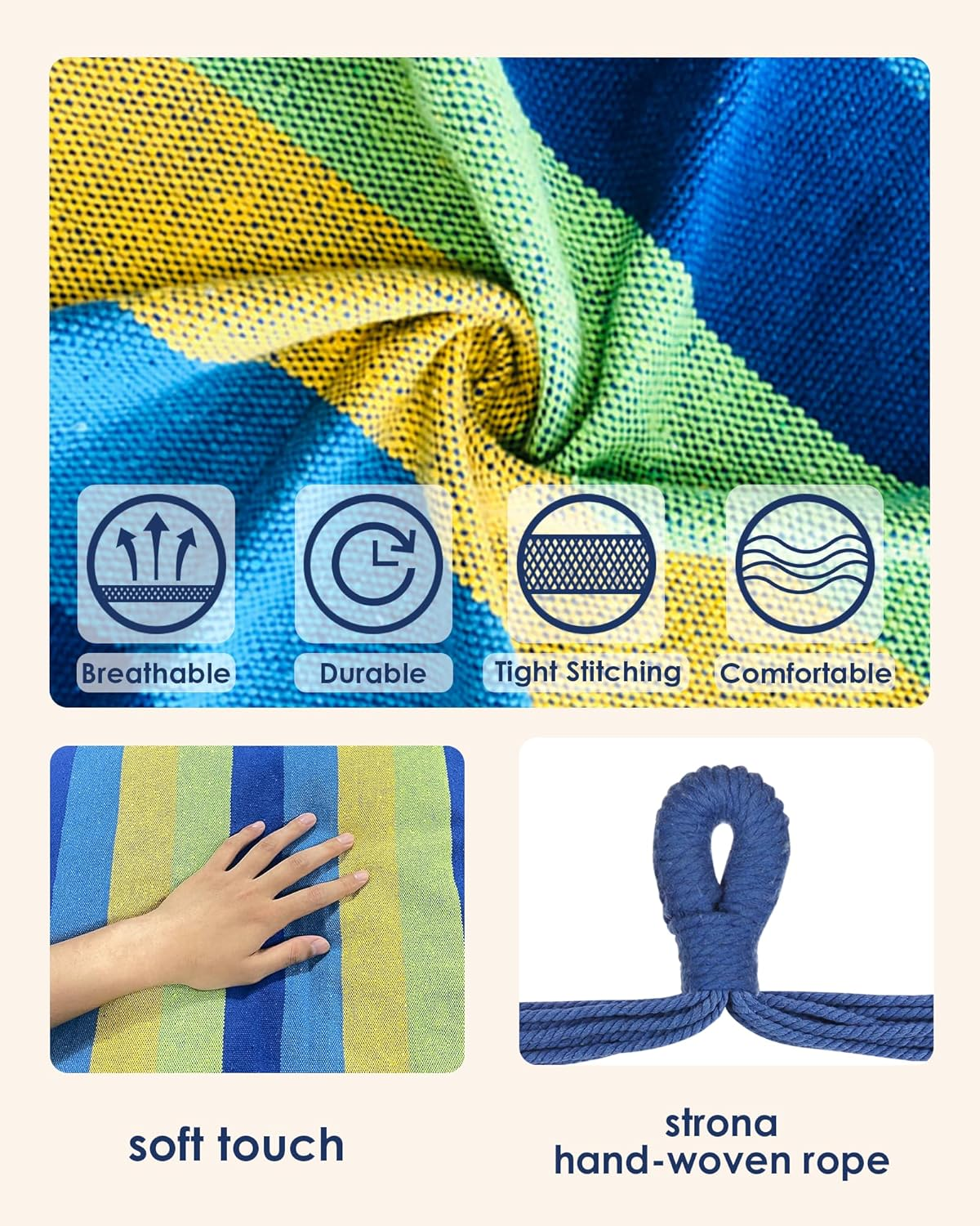 Highwild Hammock Chair Hanging Rope Swing - Max 500 Lbs - 2 Cushions Included - Steel Spreader Bar with Anti-Slip Rings - for Any Indoor or Outdoor Spaces (Blue Striped) - C- Cushions Included-Grey image number 2