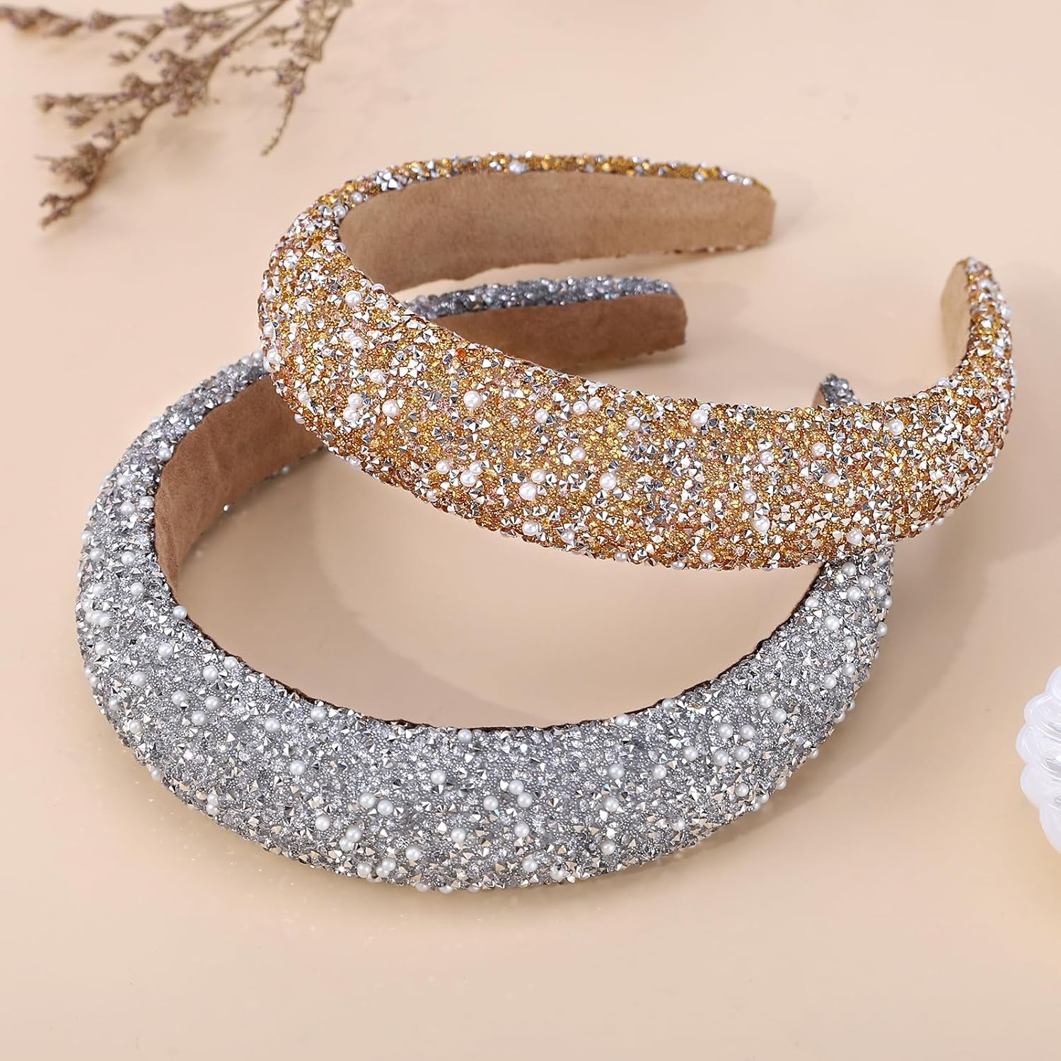 Rhoxshy 2 Pack Rhinestone Headbands for Women Crystal Rhinestone Headband with Pearls Sparkly Diamond Hairband Sequin Beaded Pearls Padded Headbands Jeweled Hair Accessories (Gold & Gray) image number 3