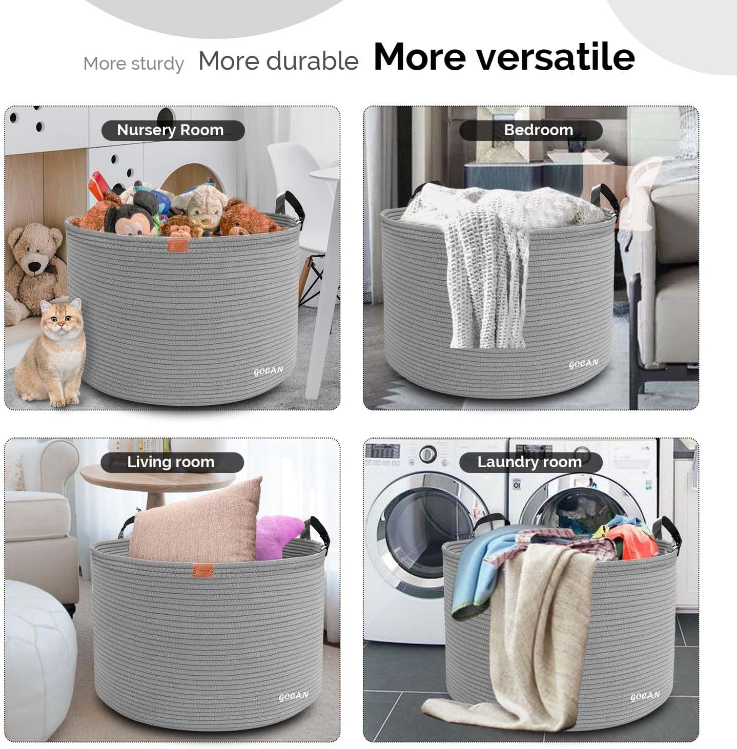 Extra Large Storage Laundry Basket 22" X 22"X 14" Cotton Rope Woven Basket for Blanket Basket with Handles for Living Room Toys Storage XXXL (Gery) - Dkgrey image number 6