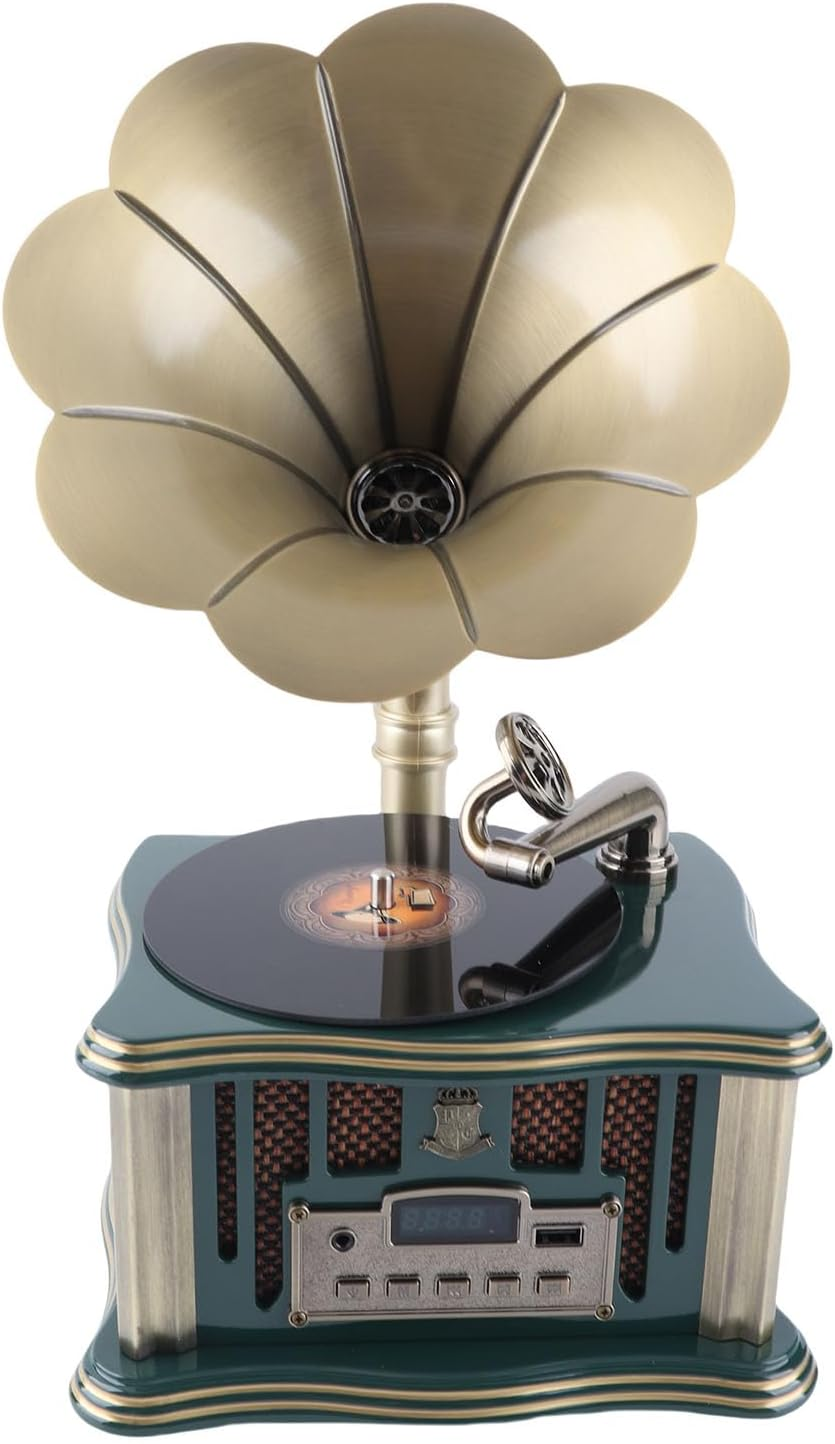Phonograph Record Player, Retro Gramophone Bluetooth Player with Remote Control, Mini Record Player Gramophone Turntable for Home Decoration (Green) - White image number 7