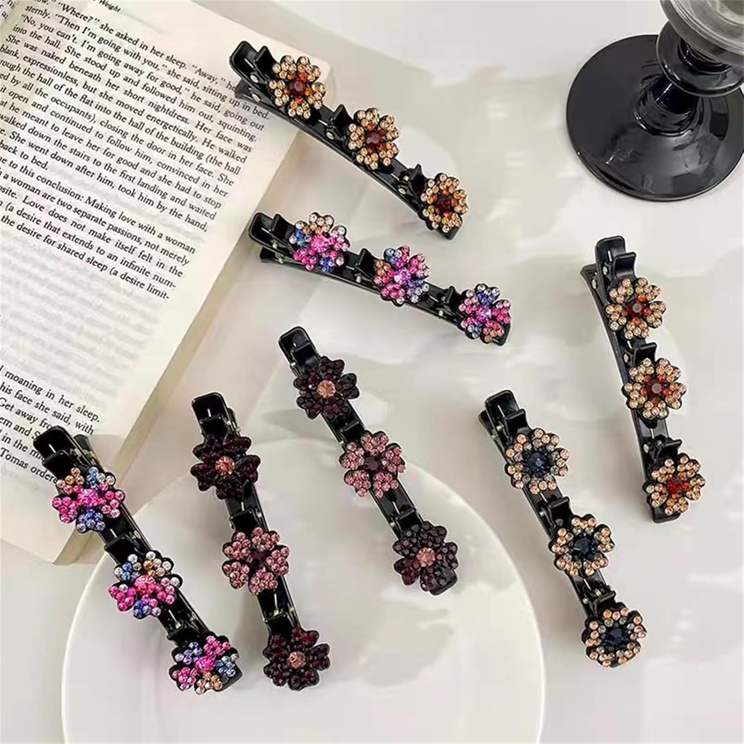Sparkling Crystal Stone Braided Hair Clips, Elegant Hair Styling Clips, Shiny Rhinestone Hair Clip with 3 Mini Clips, Double Layer Mini Hair Clips for Women and Girls (Pack of 8) image number 6