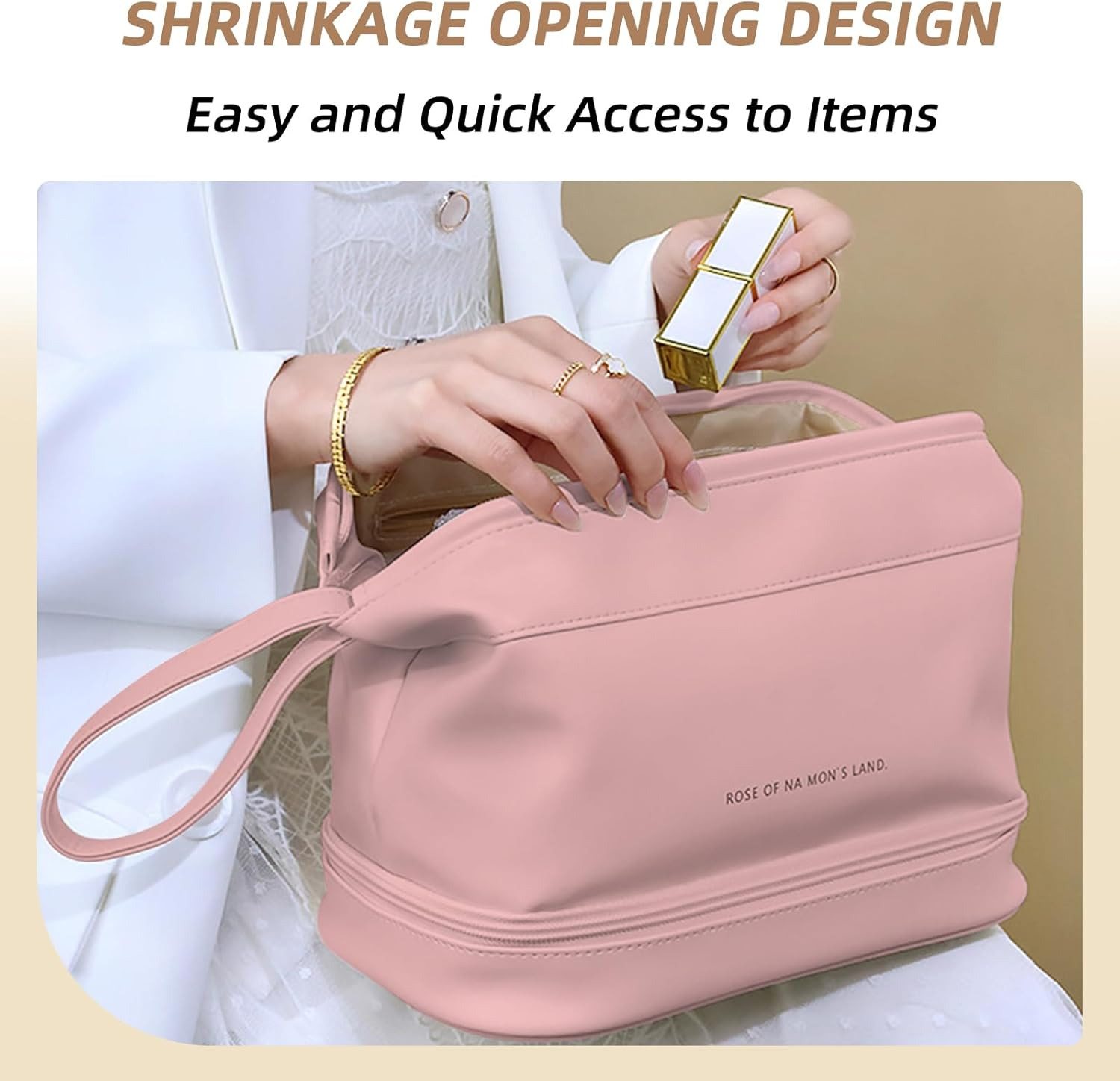 JZS Large Capacity Makeup Bag Ladies Cosmetic Bag Travel Bag with Compartments Portable PU Leather Travel Makeup Bag with Handle Pink - Pink image number 2