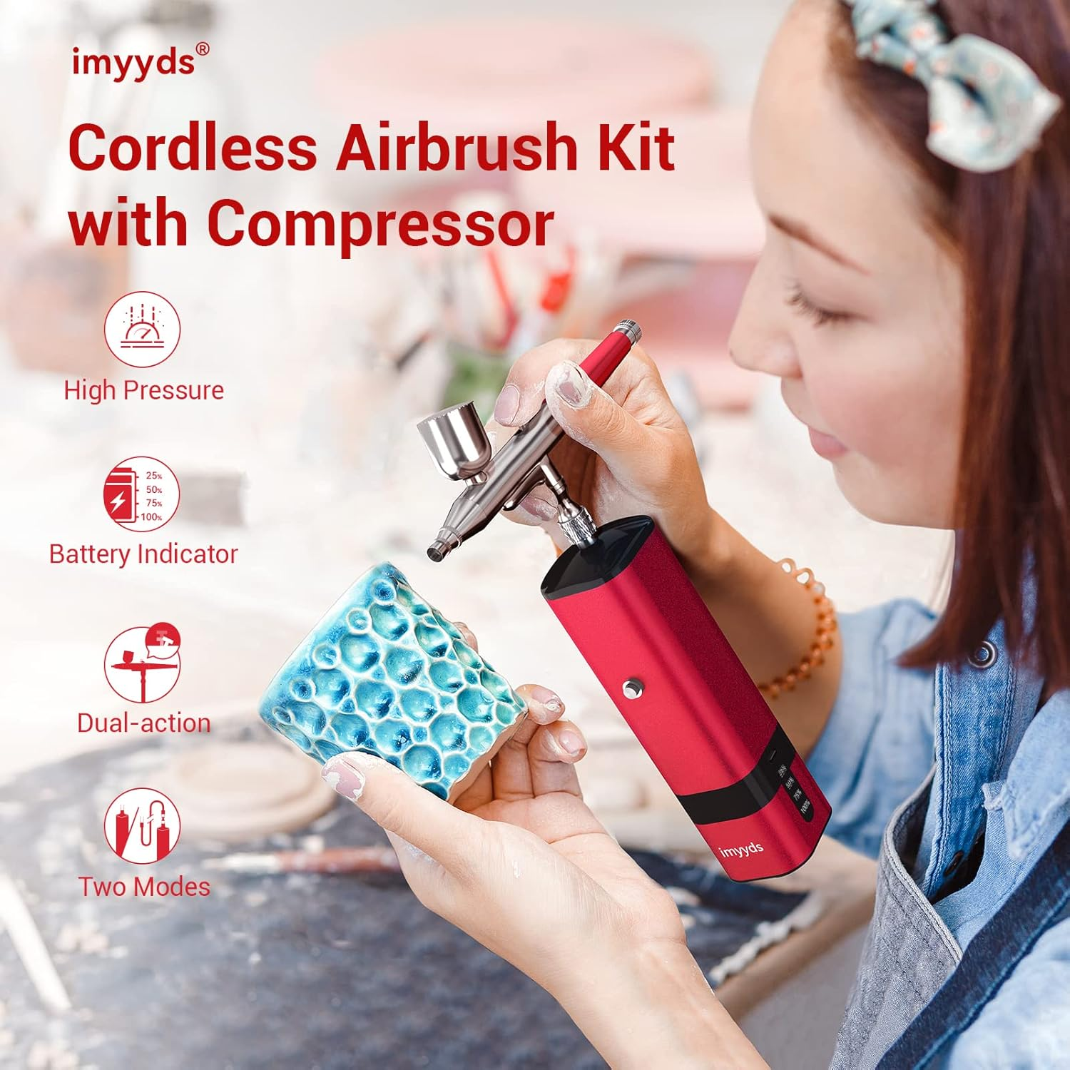 Imyyds Airbrush Kit with Compressor, 32PSI High Pressure Cordless Airbrush Gun, Portable Dual Action Airbrush Compressor Set, Handheld Mini Rechargeable Air Brushes for Painting, Model, Nail, Makeup image number 6