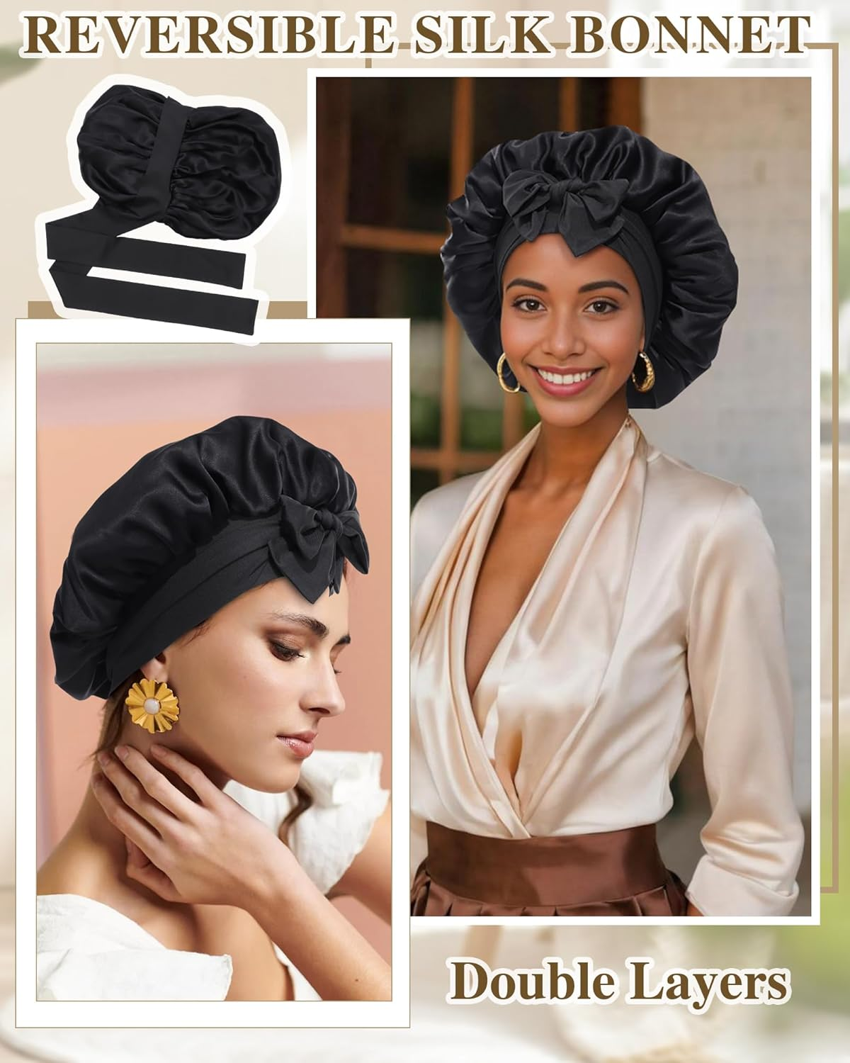 Silk Bonnet for Sleeping 100% Mulberry Women Double Layer Silk Sleep Cap with Adjustable Elastic Band Silk Hair Wrap