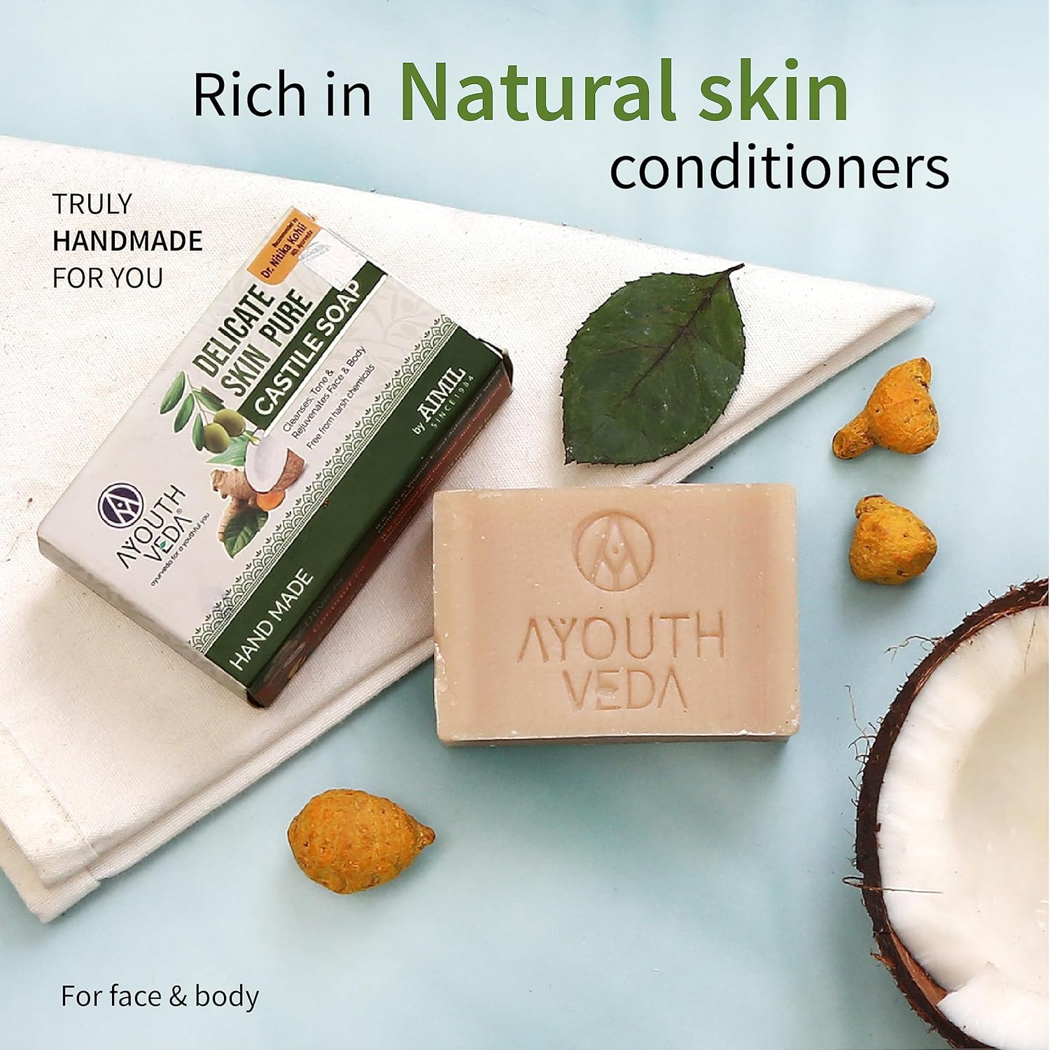 Ayouthveda Delicate Skin Pure Castile Soap, Eliminates Excessive Oil, Soothes Inflamed Skin, Nourishes the Deepest Layer of Skin, 100 Gm (Pack of 5) image number 2