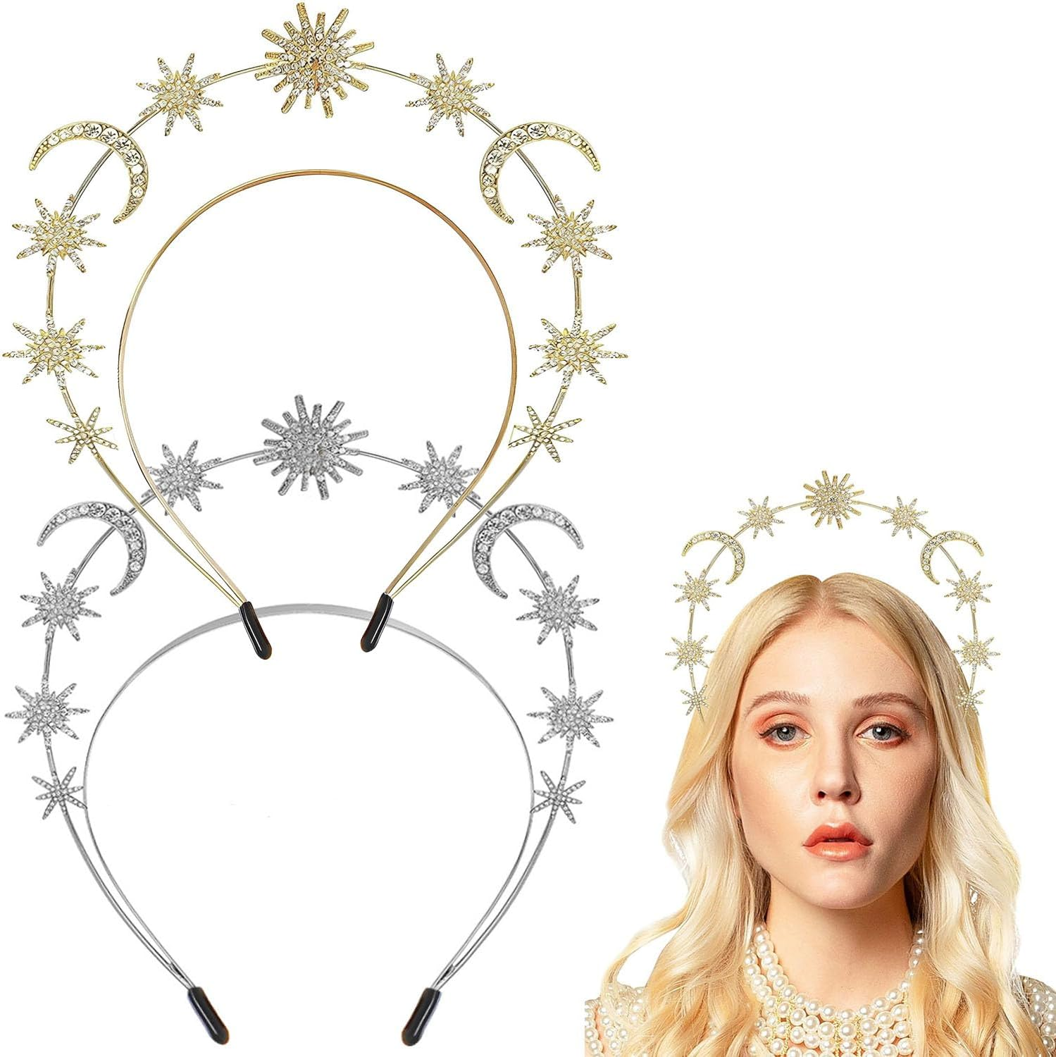 2 Pcs Crystal Halo Crown Gold&Sliver Star Baroque Headband Goddess Headpiece Bridal Wedding Tiara and Crowns Hair Accessories for Women and Girls (Gold & Sliver) image number 4