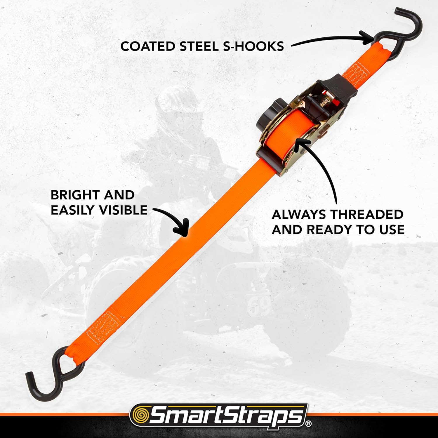 Smartstraps 10&rsquo; Retractable Ratchet Straps, 2 Pack &ndash; 3,000Lb Break Strength, 1,000Lb Safe Work Load &mdash; Haul Motorcycles, Boats, and Appliances with Patented Technology Heavy Duty Ratchet Straps image number 3