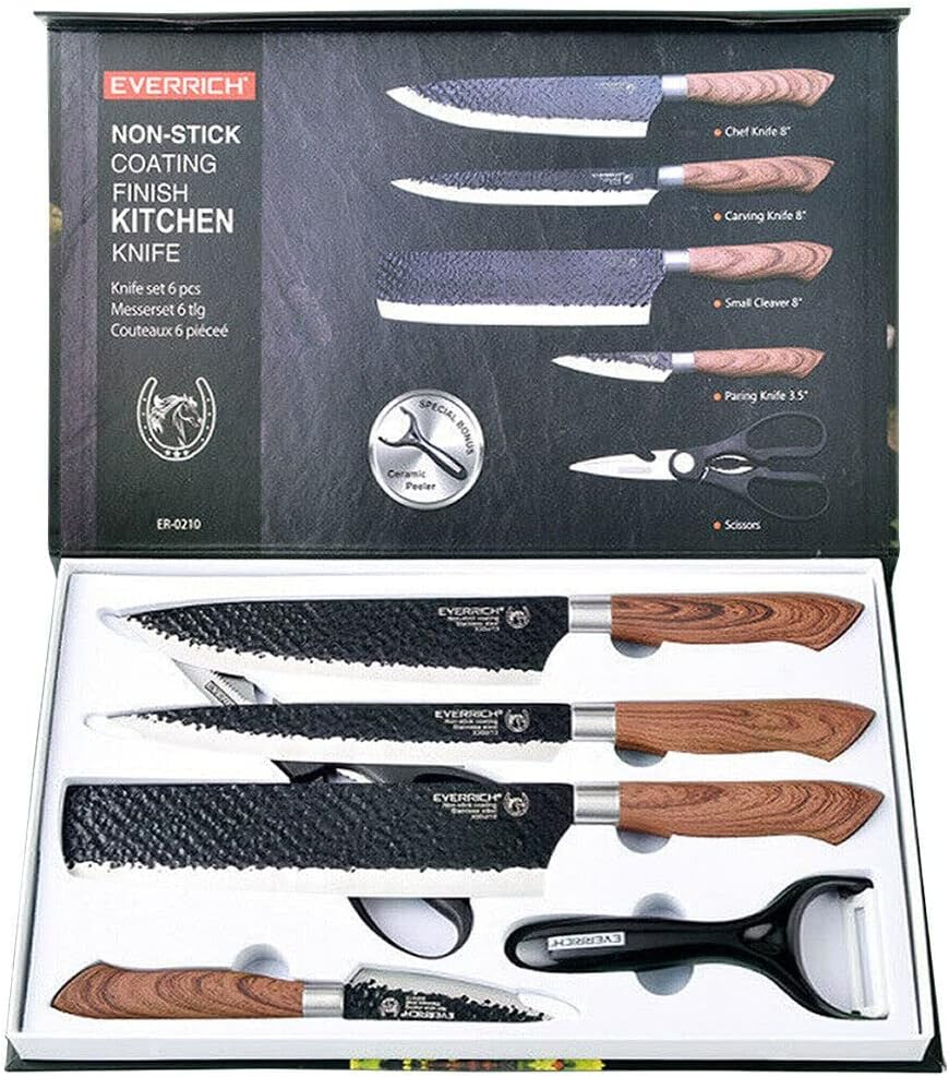 6 PCS Non-Stick Coating Finish Kitchen Knife Knives Set, Chef Knife 8'', Carving Knife 8'', Small Cleaver 8'', Paring Knife 3.5'', Scissors image number 2