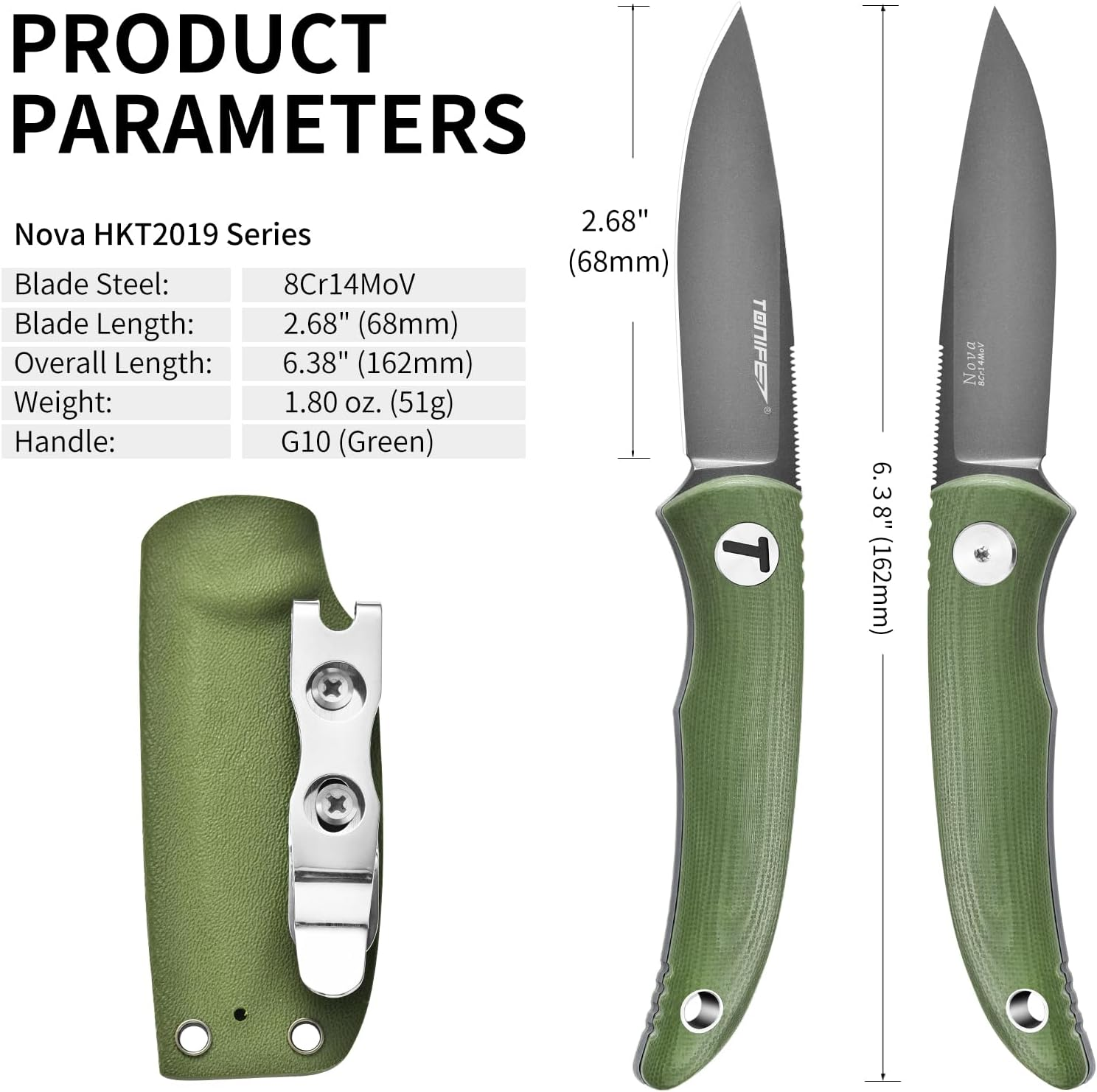 TONIFE Nova Fixed Blade Knife with Adjustable Kydex Sheath EDC Knife with 6.81Cm Full Tang Blade Paracord Lanyard for Outdoor Camping Hiking (Army Green) - Army Green image number 6