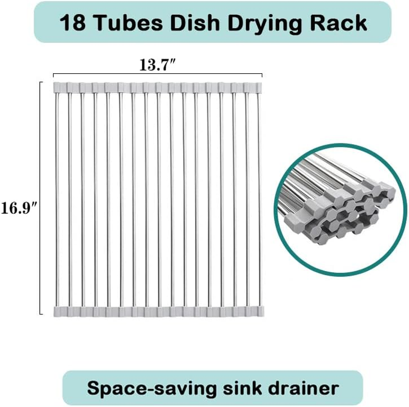 Roll up Dish Drying Rack, Foldable Stainless Steel over Sink Drainer Mat, 43Cm(L) X 35Cm (W), Space-Saving Kitchen Counter Dish Drainers for Dishes, Fruits, Vegetables (Grey) image number 1