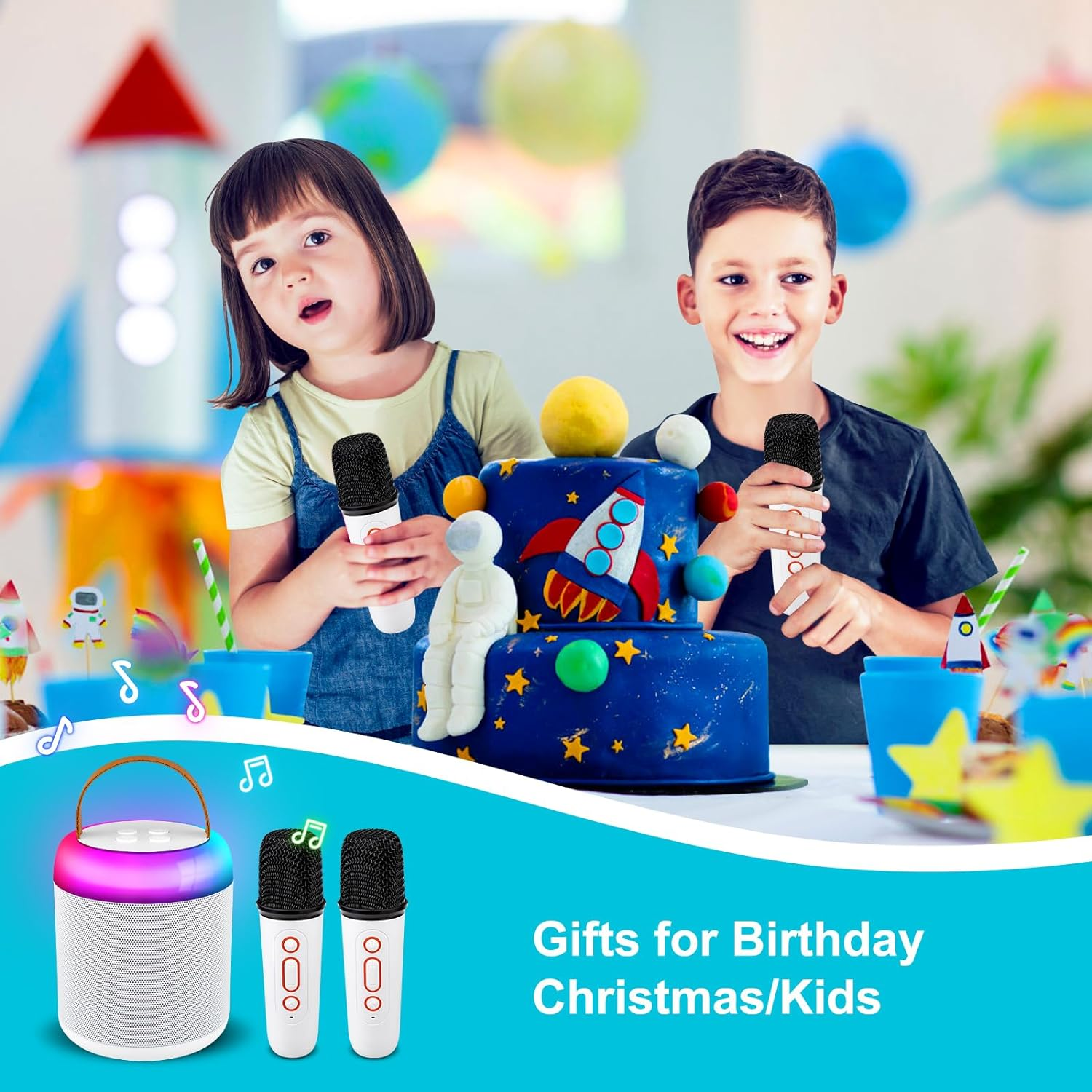Aisuo Kids Karaoke Machine, Portable Bluetooth Speaker with 2 Wireless Microphones, Dynamic Lights Karaoke Machine for Kids Adults, Birthday Party Home, Outdoor. image number 2