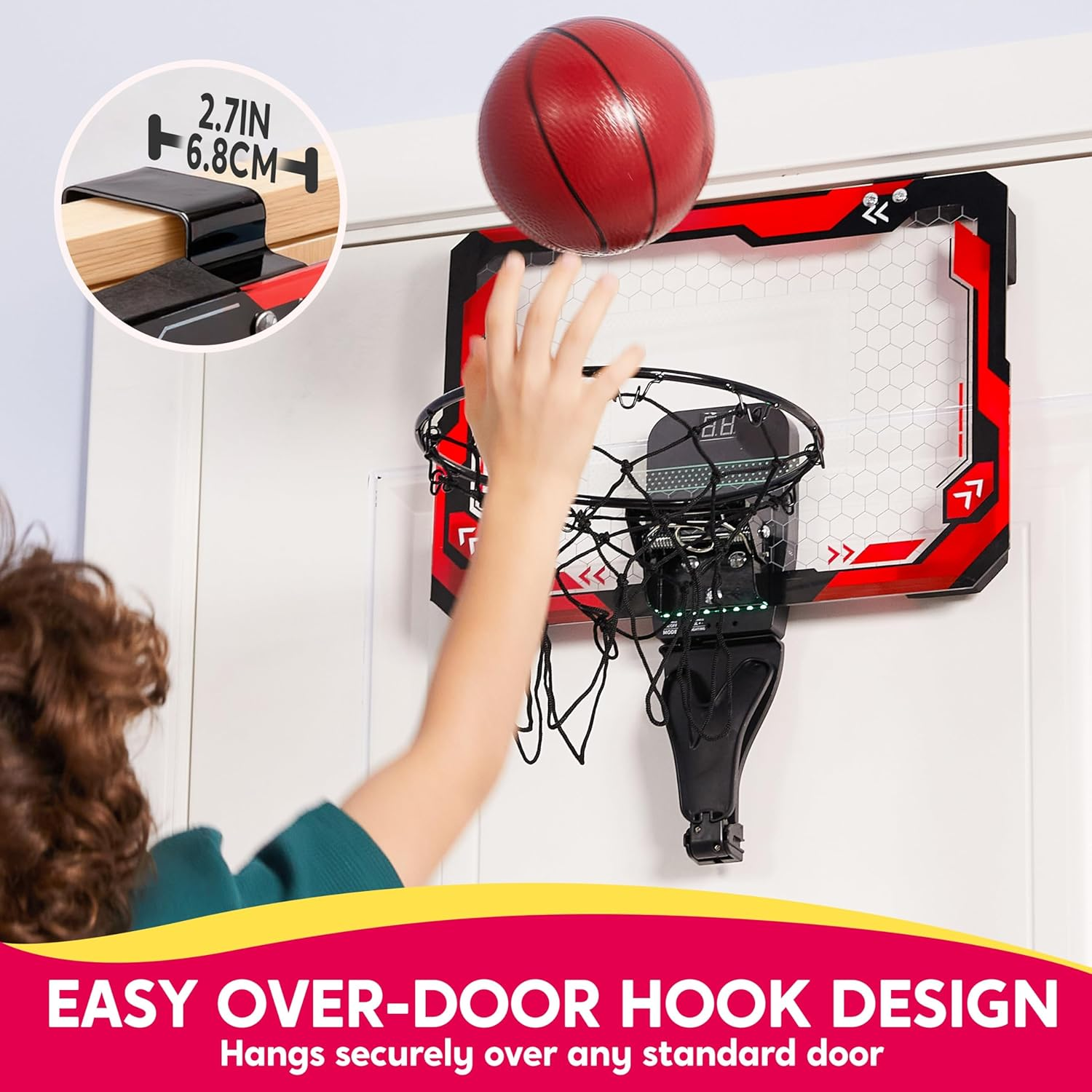 SYNCFUN Mini Indoor Basketball Hoop, Light up over the Door Basket Ball Hoop for Kids with Scoreboard, 4 Balls, Indoor Basketball, Birthday Gifts Toys for Boys Girls Ages 3+ (Red) image number 6