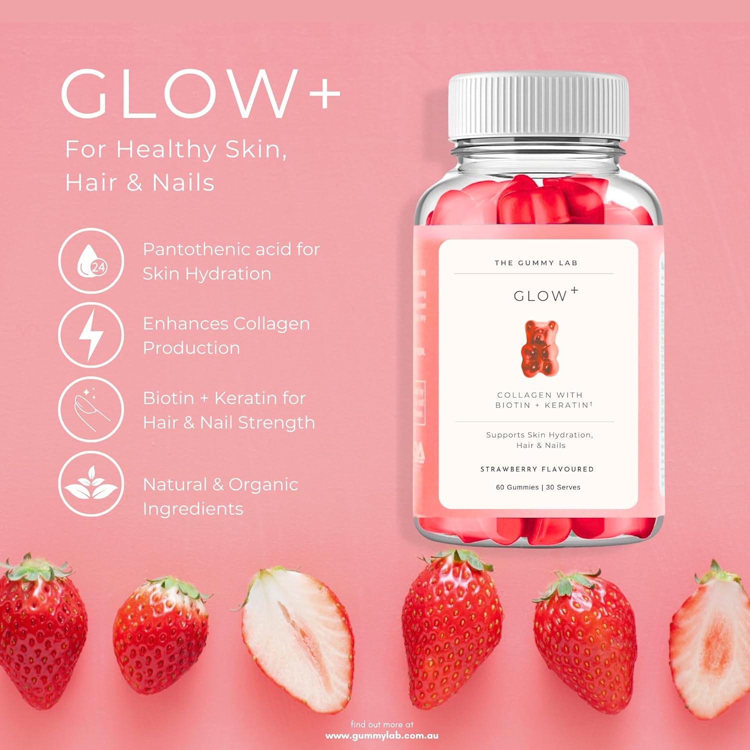 Glow+ Collagen Gummies - 1000Mg Hydrolyzed Marine Collagen with Biotin, Hydrolyzed Keratin, Hyaluronic Acid & Vitamins for Skin, Hair, Nails & Joints - 60 Strawberry - Flavored Gummies image number 2