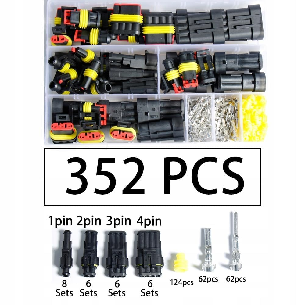 352PCS Waterproof Car Connector 1-4 Pin Connection Kit with Ratchet Crimp Tool 48B Waterproof Nylon for Car Marine and Outdoor Wire Connection