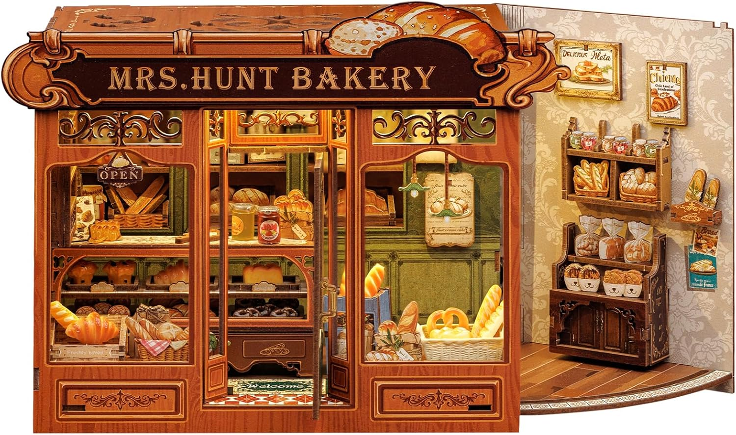 CUTEBEE Book Nook Kit - DIY Miniature House Dollhouse Kit for Adults and Teens, Booknook Tiny House Bookshelf Decor with LED Light, Gifts for Family and Friends (Mrs.Hunt Bakery) image number 6