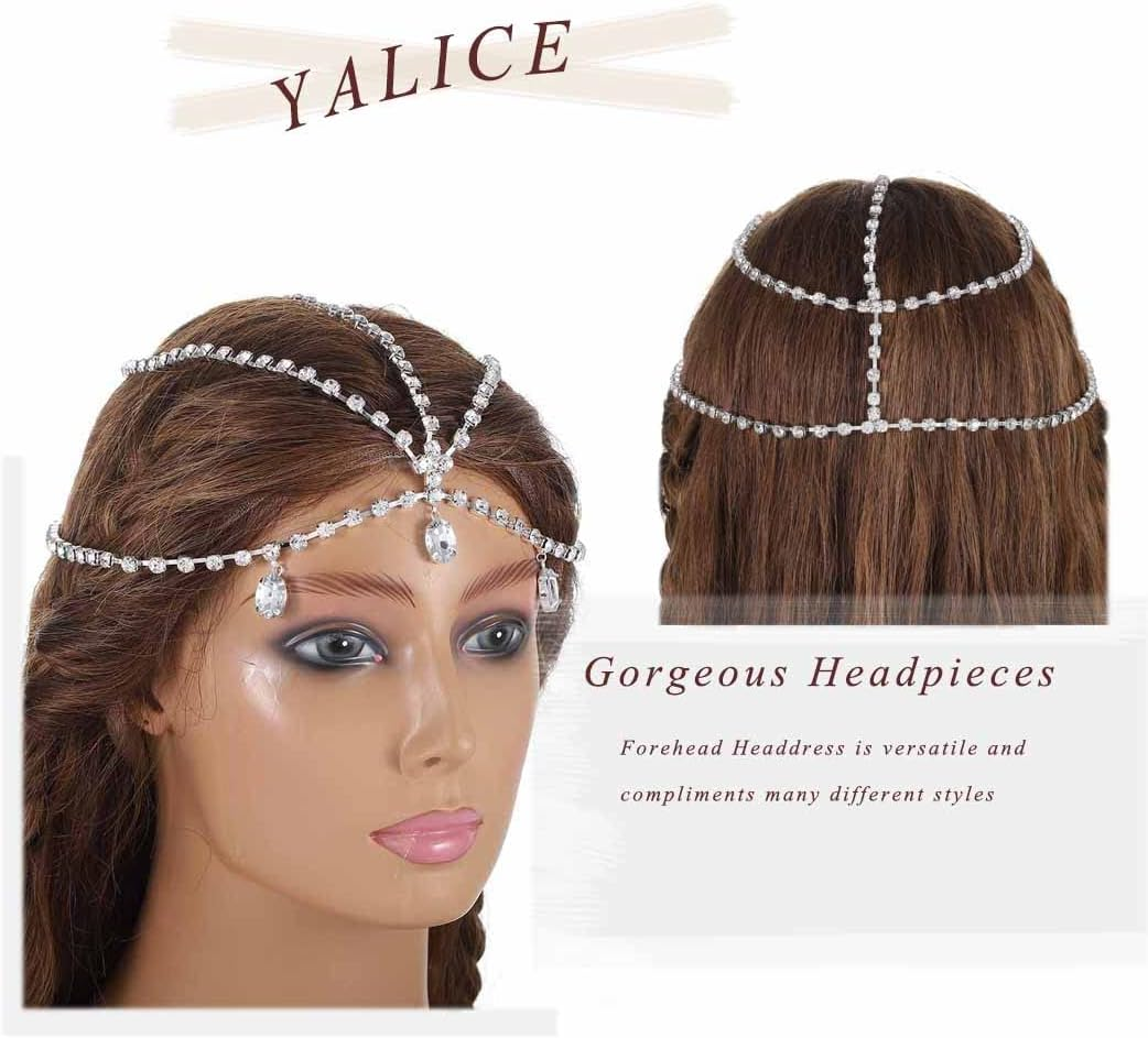 Yalice Layered Head Chain Rhinestone Head Jewelry Sparkly Bridal Headpieces Sparkle Crystal Headbands Wedding Prom Hair Jewelry for Women and Girls (Silver) - Gold image number 3
