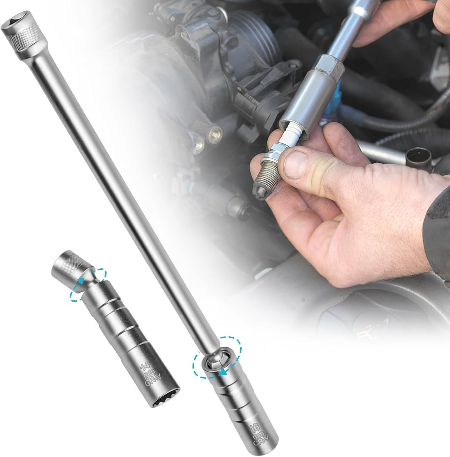 2PCS Spark Plug Socket 16Mm and 14Mm, Magnetic Universal Spark Plug Socket with Long Handle, 360&deg; Swivel Rotating 3/8" Drive Spark Plug Wrench Tools for Removal Repair Motorcycles, Cars