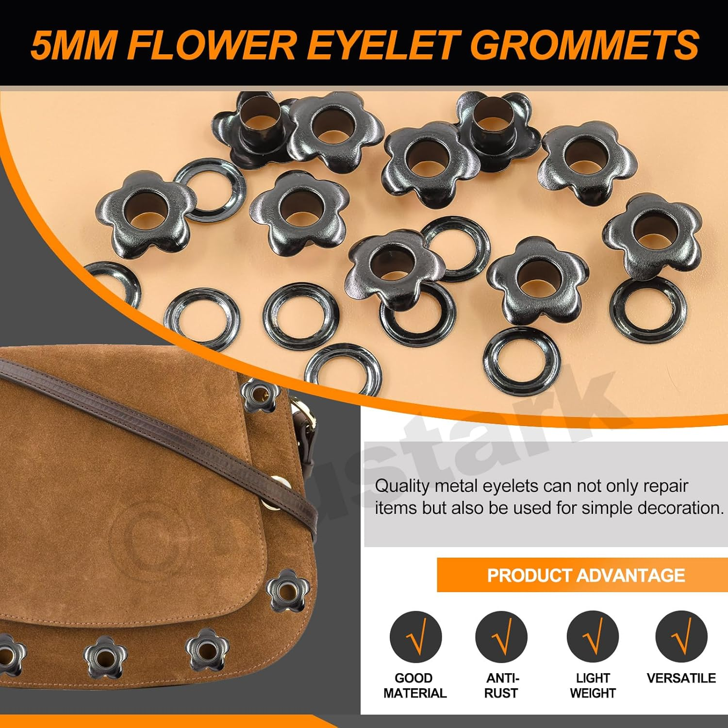 Rustark 200Pcs 5Mm Black Flower Eyelet Grommets Assortment Kit Floral Metal Eyelets Grommets Flower Shaped Craft Eyelets Findings for Shoes Clothes Leather DIY Craft image number 5