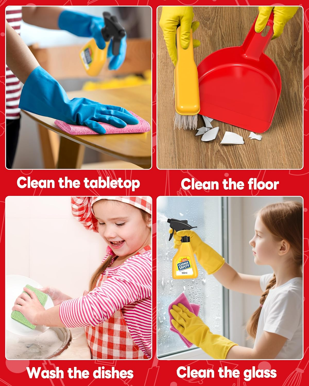 Kids Cleaning Set for Toddlers, 22 Pcs Cleaning Toys Includes Real Working Vacuum Cleaner, Broom, Spray Bottle and More (Red) image number 3