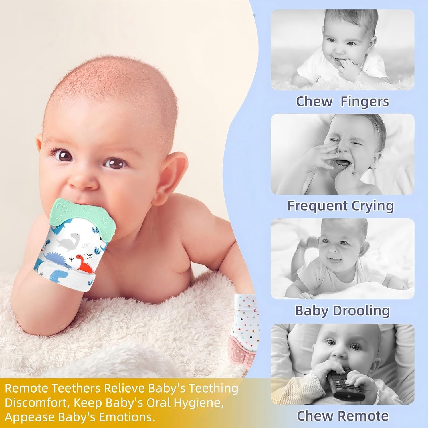2 Pack Baby Mittens Teething Relief, Baby Teething Toys 3-6 Months, Soothing Infant Mitten Pain Relief, Prevent Scratches Glove, Safe Silicone Baby Teether Toys for 0-12 Months Green Dinosaur image number 6