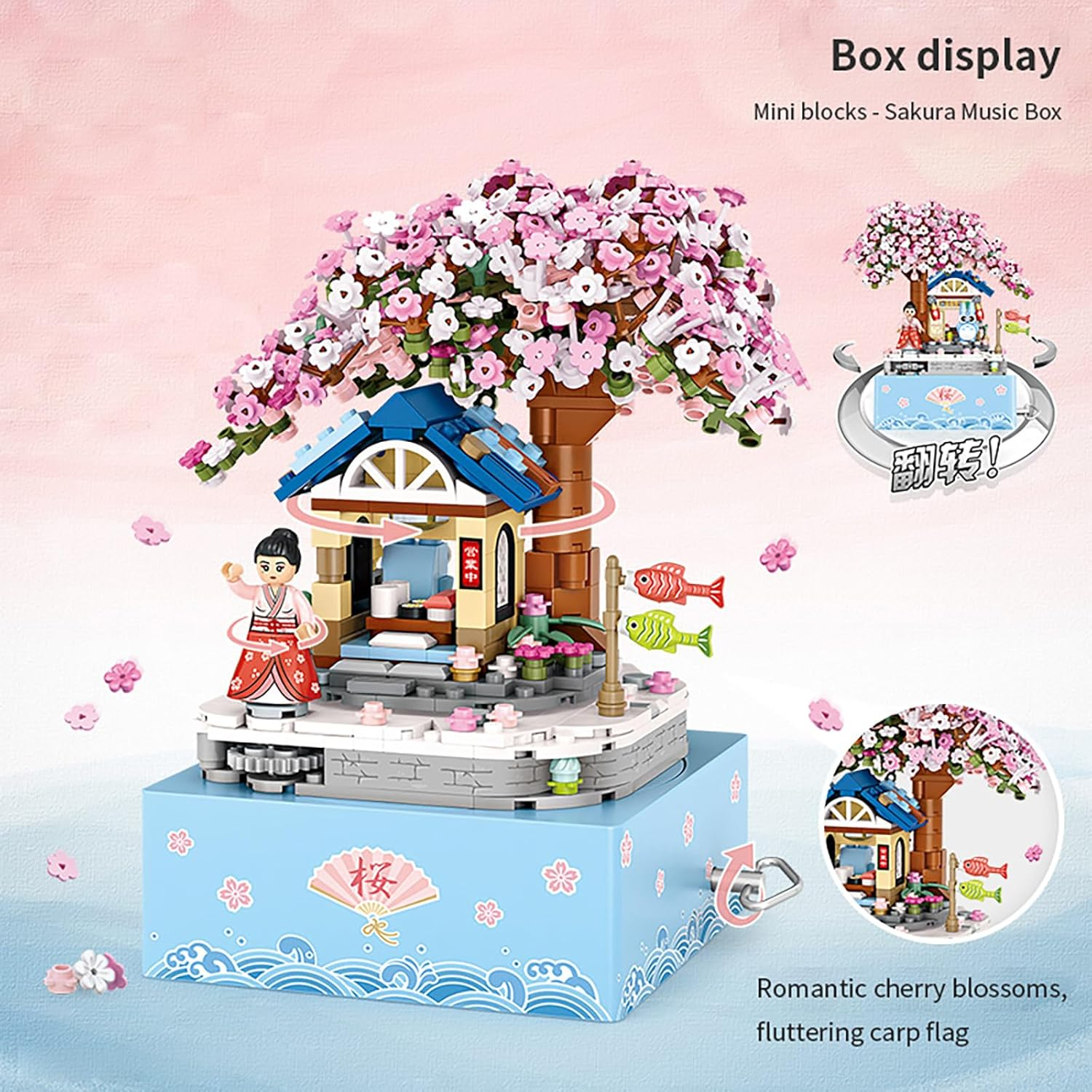 Mini Brick Sakura Music Box with Rotating Display, Sakura Music Box Building Blocks Set &ndash; 806Pcs Mini Brick DIY Cherry Blossom Tree Kit for Adults & Kids, Rotating Display Model Gift image number 3