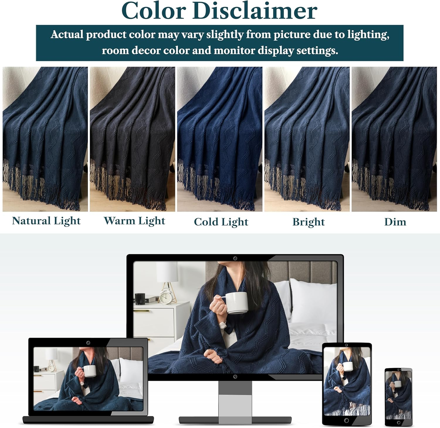 PAVILIA Navy Blue Knit Throw Blanket for Couch, Soft Knitted Boho Blanket, Farmhouse Home Decor Woven Throw, Cozy Decorative Afghan Bed Sofa, Outdoor Summer Fall Gift, Lightweight, Dark Blue, 50X60