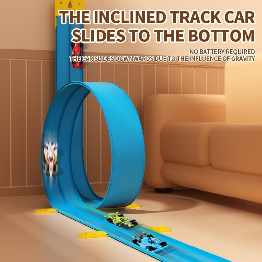 390CM Flexible Race Track Toys for Kids, Flex Race Car Set with 4 Toy Cars, with Suction Cups Compatible with Hot Wheels and Diecast 1/64Th Cars, Classic Long Rolls up Portable Racetrack, Blue image number 2