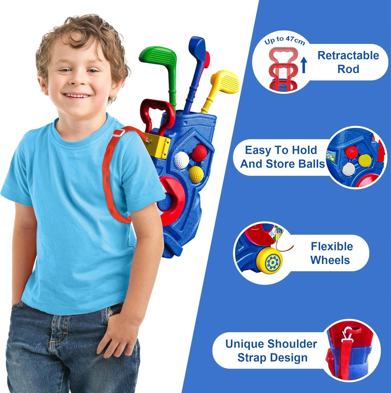 Kids Golf Clubs Set, Golf Play Equipment Set Toys, Indoor Sport & Outdoor Toy with 4 Clubs, 9 Balls, 2 Practice Holes, Shoulder Strap, Birthday Christmas Toys for 3 4 5 6 Year Old Boys Girls image number 2