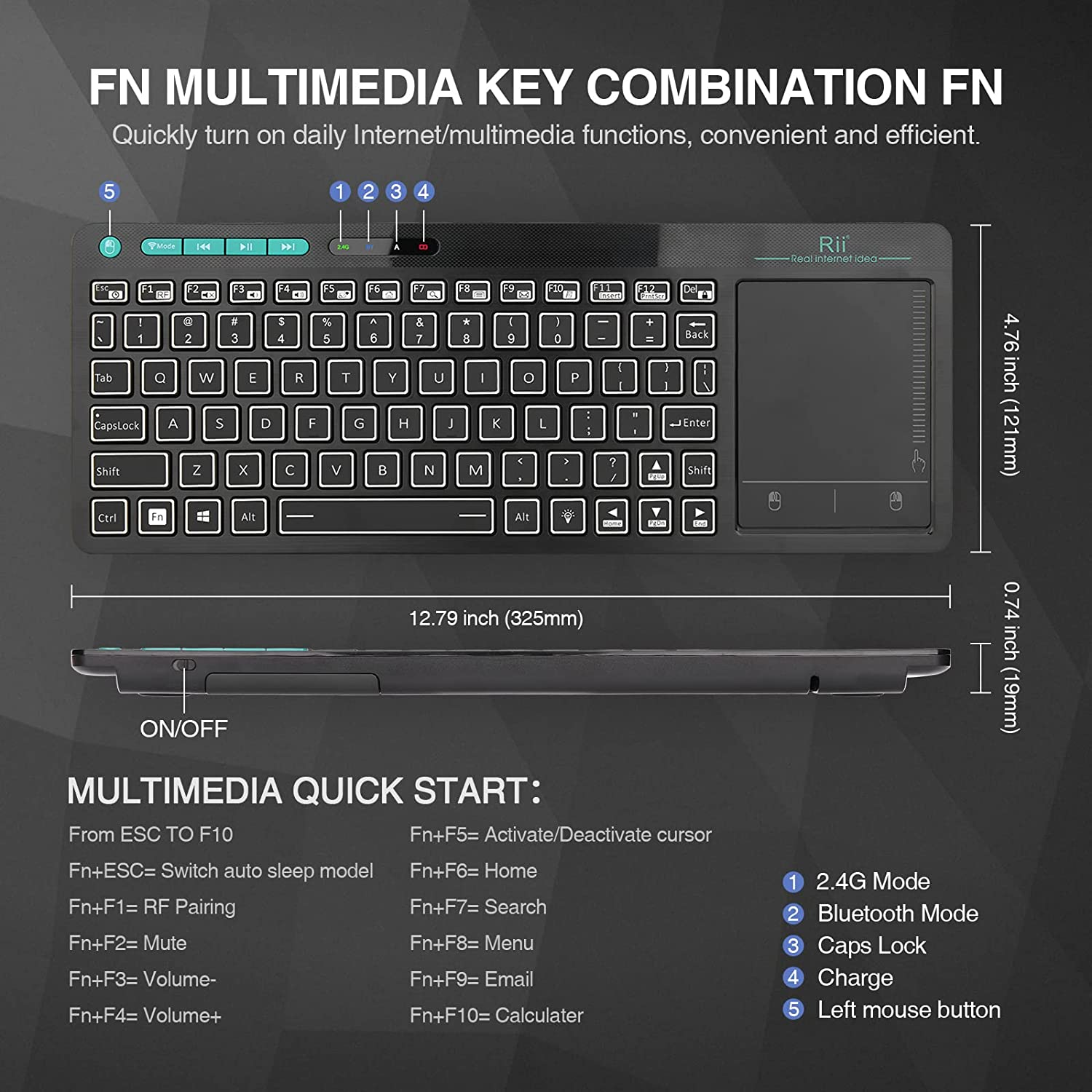 (Dual Mode) Rii RT518S Wireless and Bluetooth 2-LED Color Backlit Multimedia Keyboard with Multi-Touch Big Size Trackpad,Rechargable Keyboard for Android TV Box,Pc,Tablets,Smart TV, HTPC, Iptv,Windows