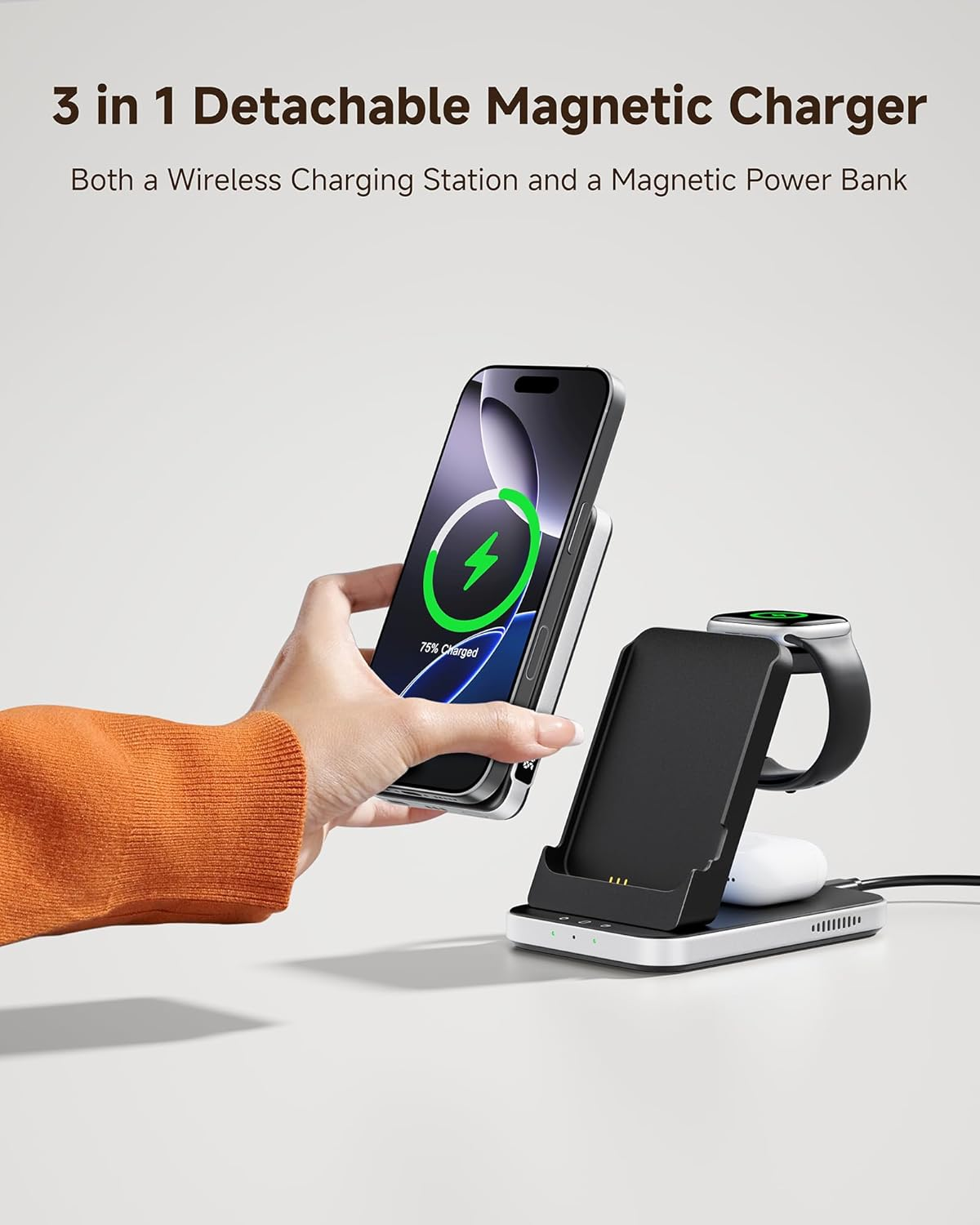 Swanscout Magnetic Wireless Charger, 3 in 1 Charging Station for Iphone Air/17/16/15/14/13/12 Series, 5000Mah Power Bank Compatible with Magsafe, Stand for Apple Watch/Airpods, 304M image number 5