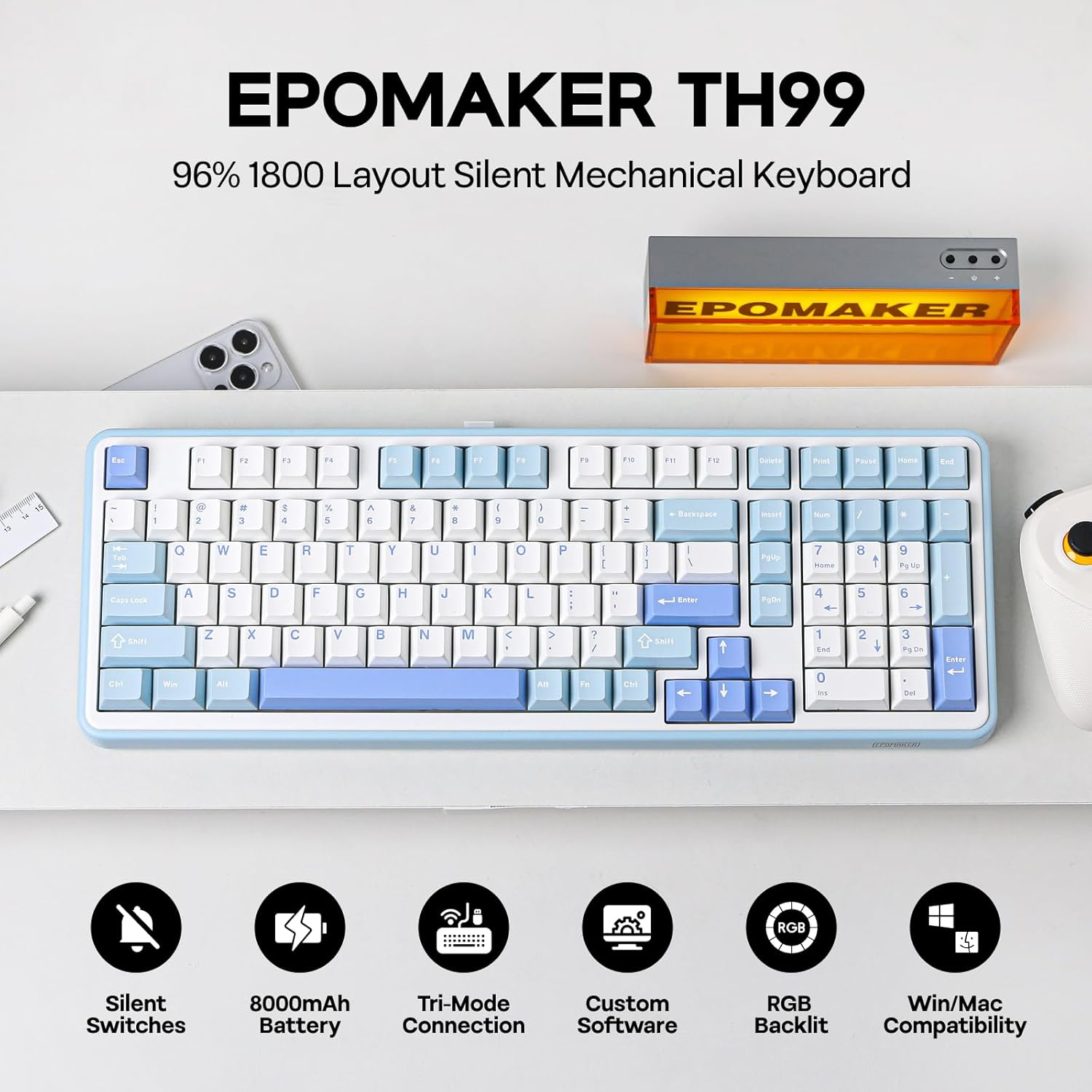 EPOMAKER TH99 Wireless Mechanical Keyboard, Quiet Gaming Keyboard, 8000Mah,Creamy Gasket,Rgb Backlit,Numpad,Pbt Keycap,Lubed Silent Switch,Hot Swappable,For Gamers/Office (Blue&White) image number 2