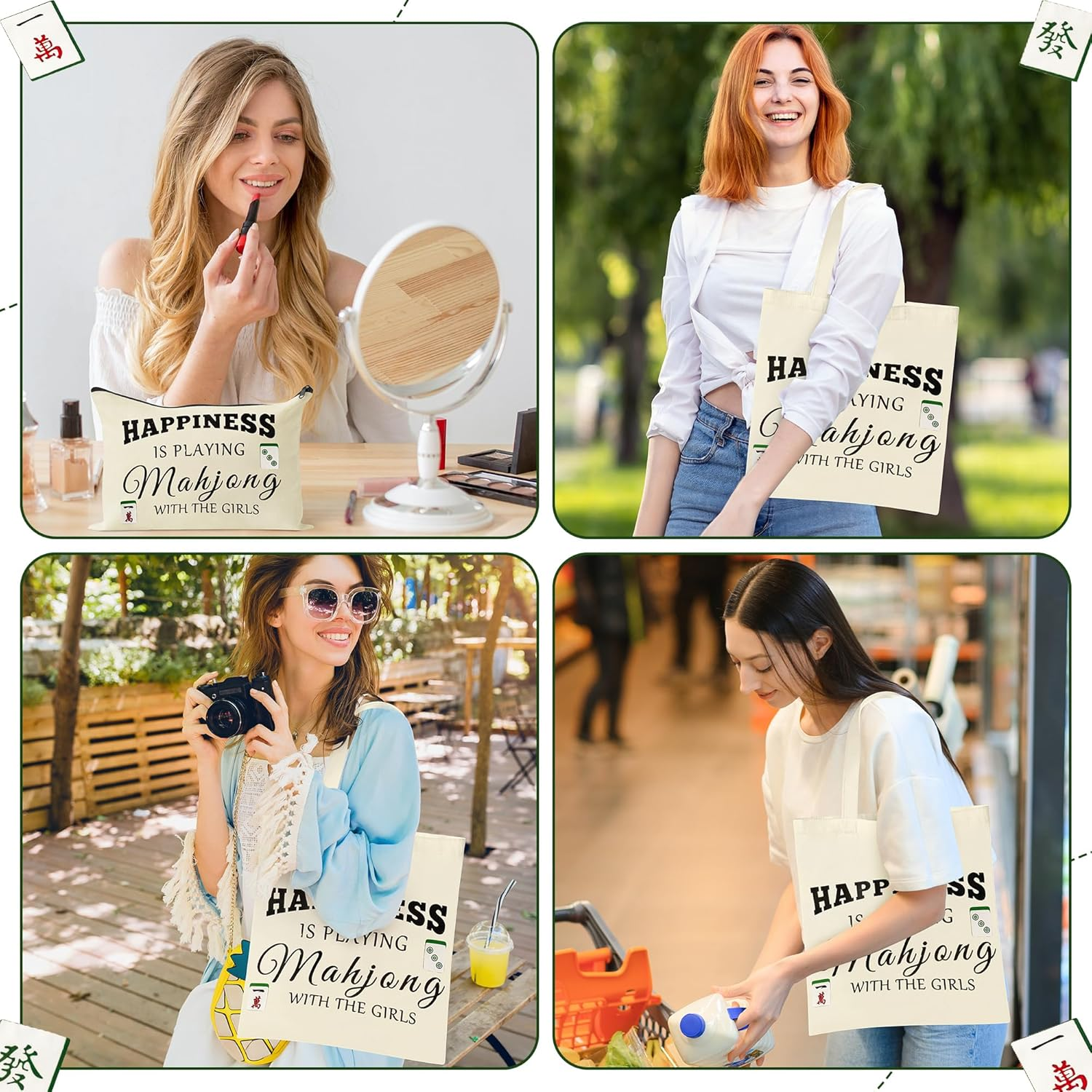 Gioxtra Funny Mahjong Tote Makeup Bag Set - 2Pcs Happiness Mahjong Gifts Tote Shoulder Bag Travel Toiletry Zipper Cosmetic Organizer Pen Purse Pouch for Game Lover Player Women Birthday Gift Supplies image number 3