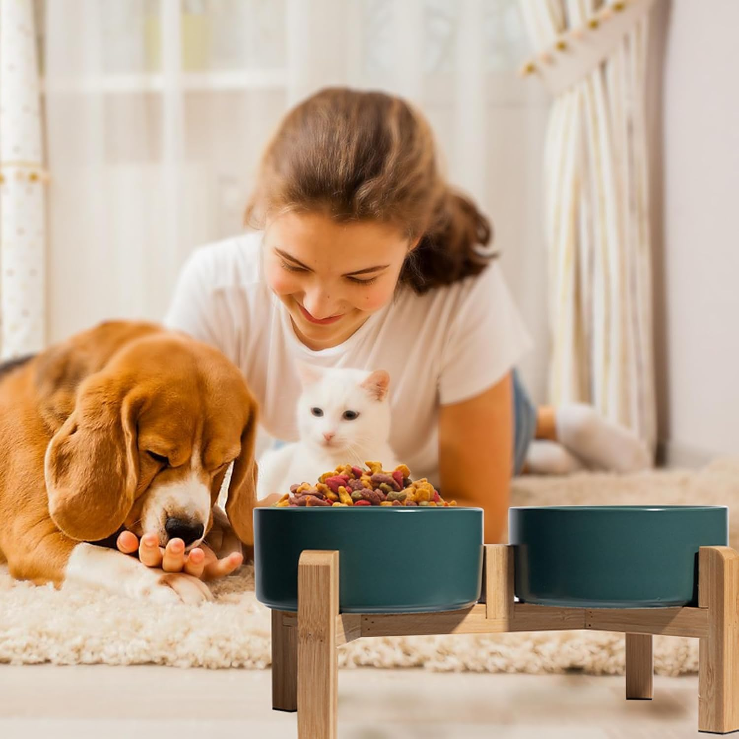 Elevated Ceramic Dog Bowl Set - PRENDIEEN Raised Dog Bowls with Non-Slip Bamboo Stand - Dog Food and Water Bowl- Double Dog Feeding Bowls - Suitable for Small and Medium Dogs - 28 OZ - 850 ML (Green) image number 2