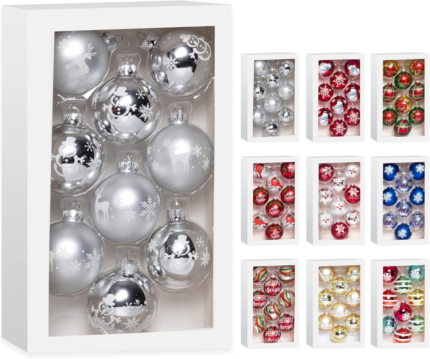Amooca Christmas Colorful Glass Balls Decoration Festival Party Home Decors Holiday Xmas Tree Hanging Ornaments Set 9Pc 2.65In Silver Snowman & Reindeer Printing image number 1