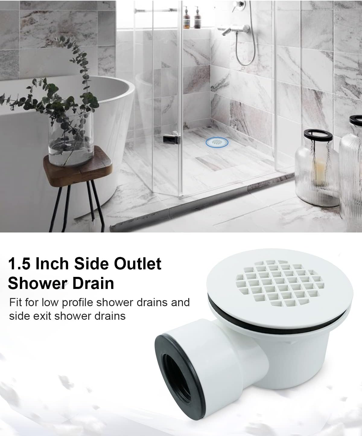 Low Profile Shower Base Drain,1.5" Side Outlet Drain Assembly with Perforated Strainer, PVC Outlet Shower Drain for Replacement Shower Base Drain