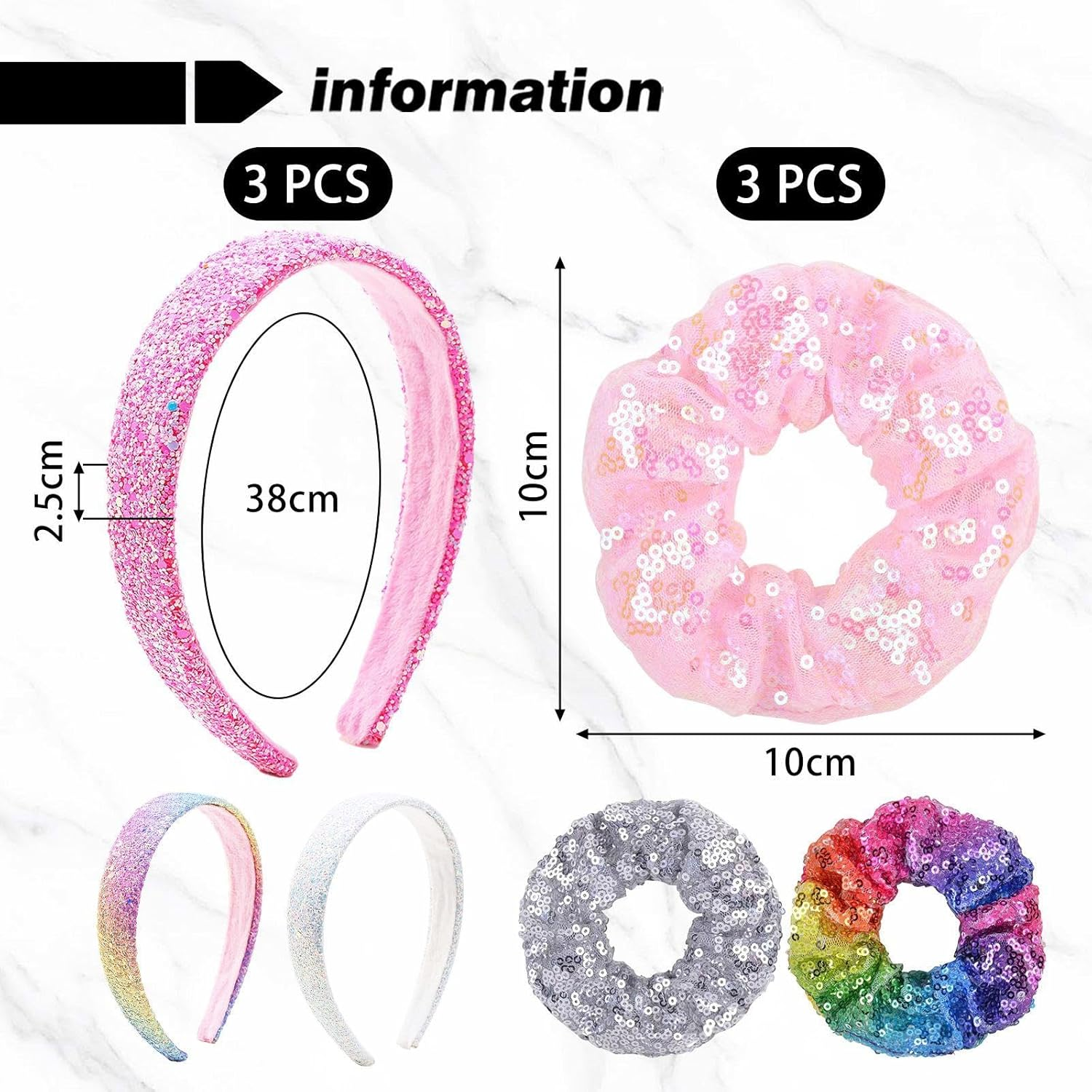 3 Pieces Shiny Hair Bands, 3 Pieces with Colon Hair Rings, Cute and Fashionable, Colourful Hair Accessories for Girls, Non-Slip and Fixed Decoration. image number 3
